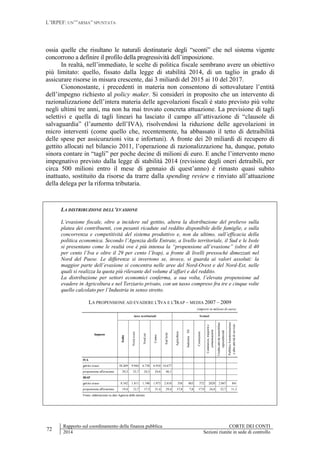 L’IRPEF: UN’”ARMA” SPUNTATA
72
Rapporto sul coordinamento della finanza pubblica CORTE DEI CONTI
2014 Sezioni riunite in sede di controllo
ossia quelle che risultano le naturali destinatarie degli “sconti” che nel sistema vigente
concorrono a definire il profilo della progressività dell’imposizione.
In realtà, nell’immediato, le scelte di politica fiscale sembrano avere un obiettivo
più limitato: quello, fissato dalla legge di stabilità 2014, di un taglio in grado di
assicurare risorse in misura crescente, dai 3 miliardi del 2015 ai 10 del 2017.
Ciononostante, i precedenti in materia non consentono di sottovalutare l’entità
dell’impegno richiesto al policy maker. Si consideri in proposito che un intervento di
razionalizzazione dell’intera materia delle agevolazioni fiscali è stato previsto più volte
negli ultimi tre anni, ma non ha mai trovato concreta attuazione. La previsione di tagli
selettivi e quella di tagli lineari ha lasciato il campo all’attivazione di “clausole di
salvaguardia” (l’aumento dell’IVA), risolvendosi la riduzione delle agevolazioni in
micro interventi (come quello che, recentemente, ha abbassato il tetto di detraibilità
delle spese per assicurazioni vita e infortuni). A fronte dei 20 miliardi di recupero di
gettito allocati nel bilancio 2011, l’operazione di razionalizzazione ha, dunque, potuto
sinora contare in “tagli” per poche decine di milioni di euro. E anche l’intervento meno
impegnativo previsto dalla legge di stabilità 2014 (revisione degli oneri detraibili, per
circa 500 milioni entro il mese di gennaio di quest’anno) è rimasto quasi subito
inattuato, sostituito da risorse da trarre dalla spending review e rinviato all’attuazione
della delega per la riforma tributaria.
LA DISTRIBUZIONE DELL’EVASIONE
L’evasione fiscale, oltre a incidere sul gettito, altera la distribuzione del prelievo sulla
platea dei contribuenti, con pesanti ricadute sul reddito disponibile delle famiglie, e sulla
concorrenza e competitività del sistema produttivo e, non da ultimo, sull’efficacia della
politica economica. Secondo l’Agenzia delle Entrate, a livello territoriale, il Sud e le Isole
si presentano come le realtà ove è più intensa la “propensione all’evasione” (oltre il 40
per cento l’Iva e oltre il 29 per cento l’Irap), a fronte di livelli pressoché dimezzati nel
Nord del Paese. Le differenze si invertono se, invece, si guarda ai valori assoluti: la
maggior parte dell’evasione si concentra nelle aree del Nord-Ovest e del Nord-Est, nelle
quali si realizza la quota più rilevante del volume d’affari e del reddito.
La distribuzione per settori economici conferma, a sua volta, l’elevata propensione ad
evadere in Agricoltura e nel Terziario privato, con un tasso compreso fra tre e cinque volte
quello calcolato per l’Industria in senso stretto.
LA PROPENSIONE AD EVADERE L'IVA E L'IRAP – MEDIA 2007 – 2009
(importi in milioni di euro)
Italia
Nordovest
Nordest
Centro
SudIsole
Agricoltura
IndustriaSS
Costruzioni
Commercio,trasportie
comunicazioni
Credito,attivitàimmobiliari
mprenditoriali
PubblicaAmministrazione
ealtreattivitàdiservizio
IVA
gettito evaso 38.269 9.944 6.738 6.910 14.677
propensione all'evasione 29,3 25,7 24,5 24,6 40,1
IRAP
gettito evaso 8.342 1.811 1.740 1.973 2.818 358 883 572 2820 2.867 841
propensione all'evasione 19,4 12,7 17,5 21,4 29,4 37,8 7,8 17,9 24,8 32,7 11,3
Imposte
Aree territoriali Settori
Fonte: elaborazione su dati Agenzia delle entrate.
 