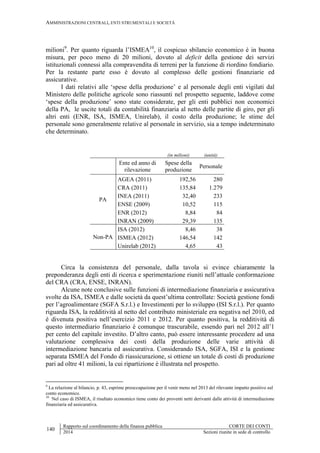 AMMINISTRAZIONI CENTRALI, ENTI STRUMENTALI E SOCIETÀ
140
Rapporto sul coordinamento della finanza pubblica CORTE DEI CONTI
2014 Sezioni riunite in sede di controllo
milioni9
. Per quanto riguarda l’ISMEA10
, il cospicuo sbilancio economico è in buona
misura, per poco meno di 20 milioni, dovuto al deficit della gestione dei servizi
istituzionali connessi alla compravendita di terreni per la funzione di riordino fondiario.
Per la restante parte esso è dovuto al complesso delle gestioni finanziarie ed
assicurative.
I dati relativi alle ‘spese della produzione’ e al personale degli enti vigilati dal
Ministero delle politiche agricole sono riassunti nel prospetto seguente, laddove come
‘spese della produzione’ sono state considerate, per gli enti pubblici non economici
della PA, le uscite totali da contabilità finanziaria al netto delle partite di giro, per gli
altri enti (ENR, ISA, ISMEA, Unirelab), il costo della produzione; le stime del
personale sono generalmente relative al personale in servizio, sia a tempo indeterminato
che determinato.
(in milioni) (unità)
Ente ed anno di
rilevazione
Spese della
produzione
Personale
PA
AGEA (2011) 192,56 280
CRA (2011) 135,84 1.279
INEA (2011) 32,40 233
ENSE (2009) 10,52 115
ENR (2012) 8,84 84
INRAN (2009) 29,39 135
Non-PA
ISA (2012) 8,46 38
ISMEA (2012) 146,54 142
Unirelab (2012) 4,65 43
Circa la consistenza del personale, dalla tavola si evince chiaramente la
preponderanza degli enti di ricerca e sperimentazione riuniti nell’attuale conformazione
del CRA (CRA, ENSE, INRAN).
Alcune note conclusive sulle funzioni di intermediazione finanziaria e assicurativa
svolte da ISA, ISMEA e dalle società da quest’ultima controllate: Società gestione fondi
per l’agroalimentare (SGFA S.r.l.) e Investimenti per lo sviluppo (ISI S.r.l.). Per quanto
riguarda ISA, la redditività al netto del contributo ministeriale era negativa nel 2010, ed
è divenuta positiva nell’esercizio 2011 e 2012. Per quanto positiva, la redditività di
questo intermediario finanziario è comunque trascurabile, essendo pari nel 2012 all’1
per cento del capitale investito. D’altro canto, può essere interessante procedere ad una
valutazione complessiva dei costi della produzione delle varie attività di
intermediazione bancaria ed assicurativa. Considerando ISA, SGFA, ISI e la gestione
separata ISMEA del Fondo di riassicurazione, si ottiene un totale di costi di produzione
pari ad oltre 41 milioni, la cui ripartizione è illustrata nel prospetto.
9
La relazione al bilancio, p. 43, esprime preoccupazione per il venir meno nel 2013 del rilevante impatto positivo sul
conto economico.
10
Nel caso di ISMEA, il risultato economico tiene conto dei proventi netti derivanti dalle attività di intermediazione
finanziaria ed assicurativa.
 