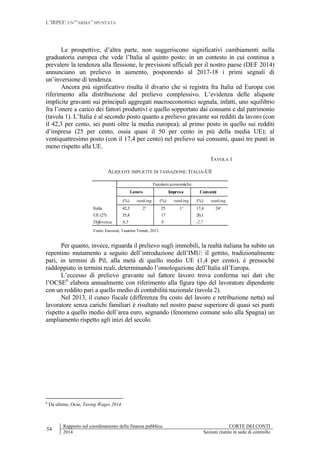 L’IRPEF: UN’”ARMA” SPUNTATA
54
Rapporto sul coordinamento della finanza pubblica CORTE DEI CONTI
2014 Sezioni riunite in sede di controllo
Le prospettive, d’altra parte, non suggeriscono significativi cambiamenti nella
graduatoria europea che vede l’Italia al quinto posto: in un contesto in cui continua a
prevalere la tendenza alla flessione, le previsioni ufficiali per il nostro paese (DEF 2014)
annunciano un prelievo in aumento, posponendo al 2017-18 i primi segnali di
un’inversione di tendenza.
Ancora più significativo risulta il divario che si registra fra Italia ed Europa con
riferimento alla distribuzione del prelievo complessivo. L’evidenza delle aliquote
implicite gravanti sui principali aggregati macroeconomici segnala, infatti, uno squilibrio
fra l’onere a carico dei fattori produttivi e quello sopportato dai consumi e dal patrimonio
(tavola 1). L’Italia è al secondo posto quanto a prelievo gravante sui redditi da lavoro (con
il 42,3 per cento, sei punti oltre la media europea); al primo posto in quello sui redditi
d’impresa (25 per cento, ossia quasi il 50 per cento in più della media UE); al
ventiquattresimo posto (con il 17,4 per cento) nel prelievo sui consumi, quasi tre punti in
meno rispetto alla UE.
TAVOLA 1
ALIQUOTE IMPLICITE DI TASSAZIONE: ITALIA-UE
Per quanto, invece, riguarda il prelievo sugli immobili, la realtà italiana ha subito un
repentino mutamento a seguito dell’introduzione dell’IMU: il gettito, tradizionalmente
pari, in termini di Pil, alla metà di quello medio UE (1,4 per cento), è pressoché
raddoppiato in termini reali, determinando l’omologazione dell’Italia all’Europa.
L’eccesso di prelievo gravante sul fattore lavoro trova conferma nei dati che
l’OCSE6
elabora annualmente con riferimento alla figura tipo del lavoratore dipendente
con un reddito pari a quello medio di contabilità nazionale (tavola 2).
Nel 2013, il cuneo fiscale (differenza fra costo del lavoro e retribuzione netta) sul
lavoratore senza carichi familiari è risultato nel nostro paese superiore di quasi sei punti
rispetto a quello medio dell’area euro, segnando (fenomeno comune solo alla Spagna) un
ampliamento rispetto agli inizi del secolo.
6
Da ultimo, Ocse, Taxing Wages 2014.
(%) ranking (%) ranking (%) ranking
Italia 42,3 2^ 25 1^ 17,4 24^
UE (27) 35,8 17 20,1
Differenza 6,5 8 -2,7
Lavoro Impresa Consumi
Fonte: Eurostat, Taxation Trends, 2013.
Funzioni economiche
 