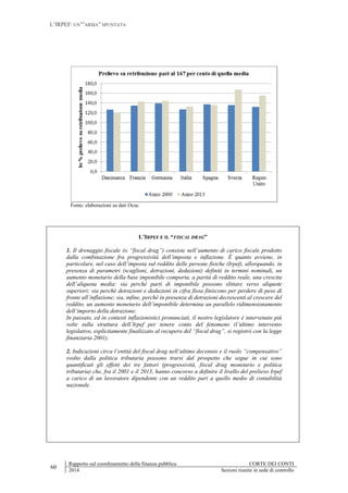 L’IRPEF: UN’”ARMA” SPUNTATA
60
Rapporto sul coordinamento della finanza pubblica CORTE DEI CONTI
2014 Sezioni riunite in sede di controllo
Fonte: elaborazioni su dati Ocse.
L’IRPEF E IL “FISCAL DRAG”
1. Il drenaggio fiscale (o “fiscal drag”) consiste nell’aumento di carico fiscale prodotto
dalla combinazione fra progressività dell’imposta e inflazione. É quanto avviene, in
particolare, nel caso dell’imposta sul reddito delle persone fisiche (Irpef), allorquando, in
presenza di parametri (scaglioni, detrazioni, deduzioni) definiti in termini nominali, un
aumento monetario della base imponibile comporta, a parità di reddito reale, una crescita
dell’aliquota media: sia perché parti di imponibile possono slittare verso aliquote
superiori; sia perché detrazioni e deduzioni in cifra fissa finiscono per perdere di peso di
fronte all’inflazione; sia, infine, perché in presenza di detrazioni decrescenti al crescere del
reddito, un aumento monetario dell’imponibile determina un parallelo ridimensionamento
dell’importo della detrazione.
In passato, ed in contesti inflazionistici pronunciati, il nostro legislatore è intervenuto più
volte sulla struttura dell’Irpef per tenere conto del fenomeno (l’ultimo intervento
legislativo, esplicitamente finalizzato al recupero del “fiscal drag”, si registrò con la legge
finanziaria 2001).
2. Indicazioni circa l’entità del fiscal drag nell’ultimo decennio e il ruolo “compensativo”
svolto dalla politica tributaria possono trarsi dal prospetto che segue in cui sono
quantificati gli effetti dei tre fattori (progressività, fiscal drag monetario e politica
tributaria) che, fra il 2001 e il 2013, hanno concorso a definire il livello del prelievo Irpef
a carico di un lavoratore dipendente con un reddito pari a quello medio di contabilità
nazionale.
 