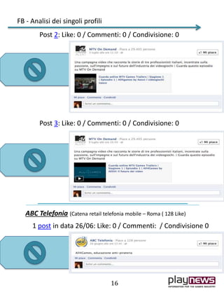 FB - Analisi dei singoli profili
16
Post 2: Like: 0 / Commenti: 0 / Condivisione: 0
Post 3: Like: 0 / Commenti: 0 / Condivisione: 0
ABC Telefonia (Catena retail telefonia mobile – Roma ( 128 Like)
1 post in data 26/06: Like: 0 / Commenti: / Condivisione 0
 