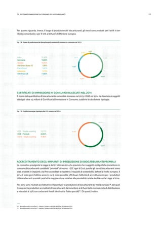 1117.IL sistema di immissione in consumo dei biocarburanti
Per quanto riguarda, invece, il luogo di produzione dei biocarburanti, gli stessi sono prodotti per il 90% in ter-
ritorio comunitario e per il 10% al di fuori dell’Unione europea.
Fig 7.4 - Paesi di produzione dei biocarburanti sostenibili immessi in consumo nel 2013
Italia
Germania
Spagna
Altri Paesi Extra UE
Paesi Bassi
Altri Paesi UE
31,60%
18,03%
16,02%
0,89%
9,47%
14,80%
Indonesia 9,19%
0,89%
9,19%
31,60%
14,80%
18,03%
16,02%
9,47%
CERTIFICATI DI IMMISSIONE IN CONSUMO RILASCIATI NEL 2014
A fronte del quantitativo di biocarburante sostenibile immesso nel 2013, il GSE nel 2014 ha rilasciato ai soggetti
obbligati oltre 1,5 milioni di Certificati di Immissione in Consumo, suddivisi tra le diverse tipologie.
Fig 7.5 - Suddivisione per tipologia dei CIC emessi nel 2014
CIC5 - Double counting
CIC8 - Premiali
CIC10 - Single counting
15,17%
43,03%
41,80%
15,17%
43,03%
41,80%
ACCREDITAMENTO DEGLI IMPIANTI DI PRODUZIONE DI BIOCARBURANTI PREMIALI
La normativa previgente la Legge 9 del 21 febbraio 2014 ha previsto che i soggetti obbligati che immettono in
consumo biocarburanti cosiddetti “premiali” ricevono 1 CIC ogni 8 Gcal, purché gli stessi biocarburanti siano
stati prodotti in impianti a tal fine accreditati e rispettino i requisiti di sostenibilità definiti a livello europeo. Il
2014 è stato però l’ultimo anno in cui è stato possibile effettuare l’attività di accreditamento per i produttori
di biocarburanti premiali, poiché la maggiorazione relativa alla premialità è stata abolita con la Legge 9/2014.
Nel 2014 sono risultati accreditati 60 impianti per la produzione di biocarburanti da filiera europea 10, dei quali
7 sono anche produttori accreditati di biocarburanti da immettere al di fuori della normale rete di distribuzione
e miscelati al 25% con carburanti fossili (destinati a flotte speciali) 11. Di questi, inoltre:
 10 	 Biocarburanti di cui all’art.1, comma 1 lettera a del DM MiSE del 14 febbraio 2013.
 11 	 Biocarburanti di cui all’art.1, comma 1 lettera b del DM MiSE del 14 febbraio 2013.
 