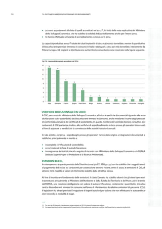 112 7.IL sistema di immissione in consumo dei biocarburanti
ƒƒ 50 sono appartenenti alla lista di quelli accreditati nel 2013 12, in virtù della nota esplicativa del Ministero
dello Sviluppo Economico, che ha stabilito la validità dell’accreditamento anche per l’intero 2014;
ƒƒ 10 hanno effettuato un’istanza di accreditamento ex novo per il 2014.
La capacità produttiva annua 13 totale dei citati impianti è di circa 11.900.000 tonnellate, mentre il quantitativo
di biocarburante premiale immesso in consumo in Italia è stato pari a circa 221 mila tonnellate, interamente da
Filiera Europea. Gli impianti si distribuiscono sul territorio comunitario come mostrato nella figura seguente.
Fig 7.6 - Nazionalità impianti accreditati nel 2014
15
14
9
8
5
2 2
1 1 1 1 1
0
2
4
6
8
10
12
14
16
Italia Germania Francia Spagna Paesi Bassi Belgio Austria Lettonia Danimarca Ungheria Slovacchia Portogallo
VERIFICHE DOCUMENTALI E IN LOCO
Il GSE, per conto del Ministero dello Sviluppo Economico, effettua le verifiche documentali riguardo alle auto-
dichiarazioni e alla sostenibilità dei biocarburanti immessi in consumo, anche mediante l’esame degli attestati
di conformità aziendali e dei certificati di sostenibilità. In quanto membro del Comitato tecnico consultivo bio-
carburanti, il GSE partecipa, inoltre, alle verifiche di approfondimento in loco presso gli operatori interessati,
al fine di appurare la veridicità e la correttezza delle autodichiarazioni annuali.
In tale ambito, nel 2014, i sopralluoghi presso gli operatori hanno dato origine a integrazioni documentali e
rettifiche, principalmente in merito a:
ƒƒ incomplete certificazioni di sostenibilità;
ƒƒ errori materiali in fase di autodichiarazione;
ƒƒ incongruenze dei dati dichiarati a seguito di riscontri con il Ministero dello Sviluppo Economico e/o l’ISPRA
(Istituto Superiore per la Protezione e la Ricerca Ambientale).
EMISSIONI DI CO2
In ottemperanza a quanto previsto dalla Direttiva 2009/30/CE, il D.Lgs. 55/2011 ha stabilito che i soggetti tenuti
al pagamento dell’accisa sui carburanti per autotrazione devono ridurre, entro il 2020, le emissioni di CO2 di
almeno il 6% rispetto al valore di riferimento stabilito dalla Direttiva stessa.
Al fine di monitorare l’andamento delle emissioni, il citato Decreto ha stabilito altresì che gli stessi operatori
trasmettano annualmente al Ministero dell’Ambiente e della Tutela del Territorio e del Mare, per il tramite
dell’ISPRA, una relazione obbligatoria con valore di autocertificazione, contenente i quantitativi di carbu-
ranti e biocarburanti immessi in consumo nell’anno di riferimento e le relative emissioni di gas serra (CO2).
Il legislatore ha altresì previsto l’irrogazione di ingenti sanzioni per coloro che non effettuano le autocertifica-
zioni secondo le modalità di legge.
 12 	 Per uno dei 50 impianti di produzione già accreditati nel 2013 è stata effettuata una voltura.
 13	 La capacità produttiva non rappresenta il quantitativo di biocarburante realmente prodotto, ma il quantitativo massimo producibile.
 