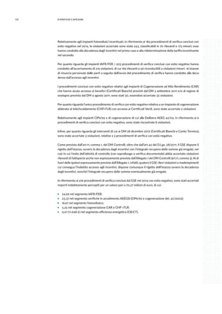 122 8.verifiche e ispezioni
Relativamente agli impianti fotovoltaici incentivati, in riferimento ai 183 procedimenti di verifica conclusi con
esito negativo nel 2014, le violazioni accertate sono state 243, classificabili in 70 rilevanti e 173 minori; esse
hanno condotto alla decadenza dagli incentivi nel primo caso e alla rideterminazione della tariffa incentivante
nel secondo.
Per quanto riguarda gli impianti IAFR/FER, i 203 procedimenti di verifica conclusi con esito negativo hanno
condotto all’accertamento di 215 violazioni, di cui 169 rilevanti e 46 riconducibili a violazioni minori. 16 istanze
di rinuncia pervenute dalle parti a seguito dell’avvio del procedimento di verifica hanno condotto alla deca-
denza dall’accesso agli incentivi.
I procedimenti conclusi con esito negativo relativi agli impianti di Cogenerazione ad Alto Rendimento (CAR)
che hanno avuto accesso ai benefici (Certificati Bianchi) previsti dal DM 5 settembre 2011 e/o al regime di
sostegno previsto dal DM 4 agosto 2011, sono stati 20, essendosi accertate 32 violazioni.
Per quanto riguarda l’unico procedimento di verifica con esito negativo relativo a un impianto di cogenerazione
abbinato al teleriscaldamento (CHP+TLR) con accesso ai Certificati Verdi, sono state accertate 2 violazioni.
Relativamente agli impianti CIP6/92 e di cogenerazione di cui alla Delibera AEEG 42/02, in riferimento ai 6
procedimenti di verifica conclusi con esito negativo, sono state riscontrate 8 violazioni.
Infine, per quanto riguarda gli interventi di cui ai DM 28 dicembre 2012 (Certificati Bianchi e Conto Termico),
sono state accertate 3 violazioni, relative a 3 procedimenti di verifica con esito negativo.
Come previsto dall’art.11, comma 1, del DM Controlli, oltre che dall’art.42 del D.Lgs. 28/2011, il GSE dispone il
rigetto dell’istanza, ovvero la decadenza dagli incentivi con l’integrale recupero delle somme già erogate, nei
casi in cui l’esito dell’attività di controllo (con sopralluogo o verifica documentale) abbia accertato violazioni
rilevanti di fattispecie anche non espressamente previste dall’Allegato 1 del DM Controlli (art.11, comma 3). Al di
fuori delle ipotesi espressamente previste dall’Allegato 1, infatti, qualora il GSE rilevi violazioni o inadempimenti
cui consegua l’indebito accesso agli incentivi, dispone comunque il rigetto dell’istanza ovvero la decadenza
dagli incentivi, nonché l’integrale recupero delle somme eventualmente già erogate.
In riferimento ai 416 procedimenti di verifica conclusi dal GSE nel 2014 con esito negativo, sono stati accertati
importi indebitamente percepiti per un valore pari a 70,27 milioni di euro, di cui:
ƒƒ 24,66 nel segmento IAFR/FER;
ƒƒ 23,37 nel segmento verifiche in avvalimento AEEGSI (CIP6/92 e cogenerazione del. 42/2002);
ƒƒ 16,97 nel segmento fotovoltaico;
ƒƒ 5,25 nel segmento cogenerazione CAR e CHP +TLR;
ƒƒ 0,01 (11.648 €) nel segmento efficienza energetica (CB/CT).
 