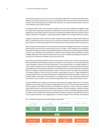 12 1.IL CONTESTO INTERNAZIONALE E NAZIONALE
periodo di incentivazione di 7 anni a fronte di una rimodulazione delle tariffe o il mantenimento dell’incentivo
spettante per il periodo residuo (nel qual caso, per un periodo di dieci anni decorrenti dal termine dell’incen-
tivazione, interventi di qualunque tipo realizzati sullo stesso sito non potranno accedere ad altri incentivi né
al ritiro dedicato o allo scambio sul posto).
In attuazione del DL 91/2014 sono state anche adottate misure che hanno modificato le modalità di eroga-
zione degli incentivi agli impianti fotovoltaici, prevedendo che, dal secondo semestre 2014, il GSE riconosca i
pagamenti con rate mensili costanti, in misura pari al 90% della producibilità media annua stimata di ciascun
impianto, effettuando il conguaglio in relazione alla produzione effettiva entro il 30 giugno dell’anno successivo.
La legge di conversione del DL 91/2014 ha inoltre introdotto alcune modifiche al regime dello Scambio sul
Posto, con effetti decorrenti dal 1° gennaio 2015, in particolare innalzando la soglia di applicazione della disci-
plina medesima a 500 kW per gli impianti a fonti rinnovabili entrati in esercizio a decorrere dal 1° gennaio 2015.
Anche sul fronte dei biocarburanti, il cui meccanismo di incentivazione (obbligo di immissione in consumo) è
gestito dal GSE, sono intervenute novità normative nel 2014. La Legge n. 9 del 21 febbraio 2014 ha abrogato le
disposizioni che limitavano l’utilizzo dei Certificati di Immissione in Consumo derivanti da biocarburanti double
counting. E poi, soprattutto, il decreto MiSE del 10 ottobre 2014 ha introdotto ulteriori modifiche al sistema
d’obbligo, definendo le percentuali di immissione dal 2015 al 2022 e introducendo l’obbligo di immissione in
consumo per i biocarburanti cosiddetti avanzati a partire dal 2018.
Importanti per l’operatività del GSE le norme che hanno aperto e chiuso il 2014. Si tratta in particolare dei
decreti del Ministero dello Sviluppo Economico del 31 gennaio e del 24 dicembre. Con il decreto di gennaio
è stato disciplinato il sistema dei controlli, identificando i criteri di pianificazione e la modalità di gestione, il
ruolo di supporto dei gestori di rete, le disposizioni di rigetto o decadenza in presenza di violazioni rilevanti da
parte degli operatori. Con il decreto di dicembre si sono stabilite le tariffe a copertura degli oneri sostenuti dal
GSE per lo svolgimento delle attività di gestione, verifica e controllo, inerenti i meccanismi di incentivazione
e di sostegno valide per il triennio 2015-2017. L’articolo 25 della Legge 116/2014 (c.d. “Legge Competitività”)
prevedeva infatti che gli oneri sostenuti dal GSE per lo svolgimento delle attività di gestione, di verifica e di
controllo relative ai meccanismi di incentivazione e di sostegno fossero a carico dei beneficiari delle mede-
sime attività, ivi incluse quelle in corso, ad esclusione degli impianti entro i 3 kW destinati all’autoconsumo.
Sul fronte dell’efficienza energetica sono stati due i provvedimenti di maggior rilievo del 2014: il Decreto
Legislativo 102 del 4 luglio 2014 di recepimento della direttiva 2012/27/UE e il “Piano d’azione italiano per l’ef-
ficienza energetica 2014” (PAEE) approvato con DM MiSE del 17 luglio 2014. Il D.Lgs. 102/2014 ha stabilito il
quadro delle misure per la promozione dell’efficienza energetica, al fine di conseguire un obiettivo nazionale
indicativo di risparmio di energia primaria, entro l’anno 2020, di 20 milioni di tonnellate equivalenti di petro-
lio, rispetto al 2010. Il PAEE 2014 ha descritto gli obiettivi di efficienza energetica fissati dall’Italia al 2020, le
misure di policy attivate per il loro raggiungimento e i risultati conseguiti al 2012. Entrambi i provvedimenti
Fig 1.1 - Principali novità normative, occorse nel 2014, riguardanti le attività del GSE
GSE
Tariffe per la copertura
degli oneri GSE
Cabina di regia RAEE
SEU
SEESEU
Sistemi di accumulo
D.LGS. n.102/2014 D.LGS. n.49/2014 D.AEEGSI n.574/2014DL n.91/2014
L. n.116/2014
DM 6/11/2014
DM 31/01/2014 D.LGS. n.102/2014L. n.9/2014
DM 10/10/2014
Rimodulazione
incentivi
Immissione in consumo
biocarburanti
Veriﬁche e controlli GSE
 