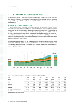14311.studi e statistiche
11.2 	 LE STATISTICHE SULLE ENERGIE RINNOVABILI
Il GSE svolge oggi un ruolo di primo piano nel campo dell’informazione statistica sullo sviluppo e sulla diffu-
sione delle fonti rinnovabili di energia in Italia e, in particolare, nel monitoraggio degli obiettivi di consumo di
energia da FER assegnati all’Italia dalla Direttiva 2009/28/UE e dal Piano di azione nazionale per le energie
rinnovabili (PAN).
ATTIVITÀ CONDOTTE NEL CORSO DEL 2014
Per quanto riguarda il settore Elettrico, dal 2009 il GSE compartecipa con TERNA alla rilevazione “Statistica
annuale della produzione e del consumo dell’energia elettrica” 14, che descrive l’evoluzione del settore elettrico
italiano sia dal lato dell’offerta (diffusione e caratteristiche degli impianti di generazione e produzione) sia dal
lato della domanda (consumi di elettricità per settore finale di utilizzo). In particolare, il GSE rileva i dati rela-
tivi a tutti gli impianti fotovoltaici e agli impianti alimentati dalle rimanenti fonti rinnovabili con potenza fino a
200 kW. L’utilizzo delle informazioni, contenute nei registri amministrativi creati dal GSE per i propri compiti
istituzionali - erogazione di incentivi, fornitura di servizi energetici, ecc. - assicura un costante miglioramento
qualitativo e quantitativo della rilevazione.
Secondo le elaborazioni di TERNA e GSE, nel 2014 la produzione di energia elettrica da FER si attesta intorno
ai 120,7 TWh (+7,8% rispetto al 2013), arrivando a coprire il 37,5% del consumo interno lordo nazionale, in netta
crescita rispetto all’anno precedente (34%). In soli sei anni il contributo delle FER nella produzione elettrica
nazionale è più che raddoppiato.
Tab 11.1 - Evoluzione della produzione di energia elettrica da fonte rinnovabile in Italia dal 2008 al 2014 [GWh]
Fonte  2008 2009 2010 2011 2012 2013 2014
Idraulica 41.623 49.137 51.117 45.823 41.875 52.773 58.545
Eolica 4.861 6.543 9.126 9.856 13.407 14.897 15.178
Solare 193 676 1.906 10.796 18.862 21.589 22.306
Geotermica 5.520 5.342 5.376 5.654 5.592 5.659 5.916
Bioenergie1 5.966 7.557 9.440 10.832 12.487 17.090 18.732
Totale FER 58.164 69.255 76.964 82.961 92.222 112.008 120.679
CIL - Consumo Interno Lordo (GWh) 353.560 333.296 342.933 346.368 340.400 330.043 321.834
FER/CIL (%) 16 21 22 24 27 34 37,5%
1 Bioenergie: biomasse solide, biogas e bioliquidi
 14	 Codice TER-00001 del Programma Statistico Nazionale.
Fig 11.3 - Produzione di energia elettrica da impianti alimentati da fonti rinnovabili in Italia dal 2003 al 2014 [GWh]
47.061
120.67947,1 54,1 48,4 50,6 47,7 58,2 69,3 76,9 83,0 92,2 112,0
18%
13%
16%
5%
49%
2003 2004 2005 2006 2007 2008 2009 2010 2011 2012 2013 2014
Idrica EolicaGeotermica Bioenergie Solare
 