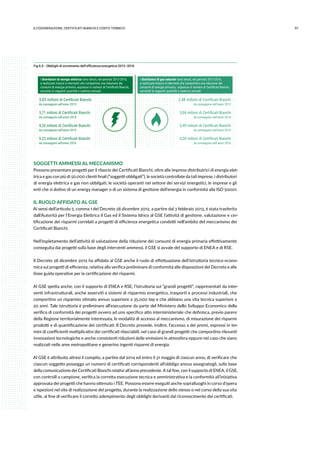 976.COGENErazione, certificati bianchi e conto termico
Fig 6.5 - Obblighi di incremento dell’efficienza energetica 2013–2016
I distributori di energia elettrica sono tenuti, nel periodo 2013-2016,
a realizzare misure e interventi che comportino una riduzione dei
consumi di energia primaria, espressa in numero di Certiﬁcati Bianchi,
secondo le seguenti quantità e cadenze annuali:
3,03 milioni di Certiﬁcati Bianchi
da conseguire nell’anno 2013
3,71 milioni di Certiﬁcati Bianchi
da conseguire nell’anno 2014
4,26 milioni di Certiﬁcati Bianchi
da conseguire nell’anno 2015
5,23 milioni di Certiﬁcati Bianchi
da conseguire nell’anno 2016
2,48 milioni di Certiﬁcati Bianchi
da conseguire nell’anno 2013
3,04 milioni di Certiﬁcati Bianchi
da conseguire nell’anno 2014
3,49 milioni di Certiﬁcati Bianchi
da conseguire nell’anno 2015
4,28 milioni di Certiﬁcati Bianchi
da conseguire nell’anno 2016
I distributori di gas naturale sono tenuti, nel periodo 2013-2016,
a realizzare misure e interventi che comportino una riduzione dei
consumi di energia primaria, espressa in numero di Certiﬁcati Bianchi,
secondo le seguenti quantità e cadenze annuali:
SOGGETTI AMMESSI AL MECCANISMO
Possono presentare progetti per il rilascio dei Certificati Bianchi, oltre alle imprese distributrici di energia elet-
trica e gas con più di 50.000 clienti finali (“soggetti obbligati”), le società controllate da tali imprese, i distributori
di energia elettrica e gas non obbligati, le società operanti nel settore dei servizi energetici, le imprese e gli
enti che si dotino di un energy manager o di un sistema di gestione dell’energia in conformità alla ISO 50001.
IL RUOLO AFFIDATO AL GSE
Ai sensi dell’articolo 5, comma 1 del Decreto 28 dicembre 2012, a partire dal 3 febbraio 2013, è stata trasferita
dall’Autorità per l’Energia Elettrica il Gas ed il Sistema Idrico al GSE l’attività di gestione, valutazione e cer-
tificazione dei risparmi correlati a progetti di efficienza energetica condotti nell’ambito del meccanismo dei
Certificati Bianchi.
Nell’espletamento dell’attività di valutazione della riduzione dei consumi di energia primaria effettivamente
conseguita dai progetti sulla base degli interventi ammessi, il GSE si avvale del supporto di ENEA e di RSE.
Il Decreto 28 dicembre 2012 ha affidato al GSE anche il ruolo di effettuazione dell’istruttoria tecnico-econo-
mica sui progetti di efficienza, relativa alla verifica preliminare di conformità alle disposizioni del Decreto e alle
linee guida operative per la certificazione dei risparmi.
Al GSE spetta anche, con il supporto di ENEA e RSE, l’istruttoria sui “grandi progetti”, rappresentati da inter-
venti infrastrutturali, anche asserviti a sistemi di risparmio energetico, trasporti e processi industriali, che
comportino un risparmio stimato annuo superiore a 35.000 tep e che abbiano una vita tecnica superiore a
20 anni. Tale istruttoria è preliminare all’esecuzione da parte del Ministero dello Sviluppo Economico della
verifica di conformità dei progetti ovvero ad uno specifico atto interministeriale che definisca, previo parere
della Regione territorialmente interessata, le modalità di accesso al meccanismo, di misurazione dei risparmi
prodotti e di quantificazione dei certificati. Il Decreto prevede, inoltre, l’accesso a dei premi, espressi in ter-
mini di coefficienti moltiplicativi dei certificati rilasciabili, nel caso di grandi progetti che comportino rilevanti
innovazioni tecnologiche e anche consistenti riduzioni delle emissioni in atmosfera oppure nel caso che siano
realizzati nelle aree metropolitane e generino ingenti risparmi di energia.
Al GSE è attribuito altresì il compito, a partire dal 2014 ed entro il 31 maggio di ciascun anno, di verificare che
ciascun soggetto possegga un numero di certificati corrispondenti all’obbligo annuo assegnatogli, sulla base
della comunicazione dei Certificati Bianchi relativi all’anno precedente. A tal fine, con il supporto di ENEA, il GSE,
con controlli a campione, verifica la corretta esecuzione tecnica e amministrativa e la conformità all’iniziativa
approvata dei progetti che hanno ottenuto i TEE. Possono essere eseguiti anche sopralluoghi in corso d’opera
e ispezioni nel sito di realizzazione del progetto, durante la realizzazione dello stesso o nel corso della sua vita
utile, al fine di verificare il corretto adempimento degli obblighi derivanti dal riconoscimento dei certificati.
 