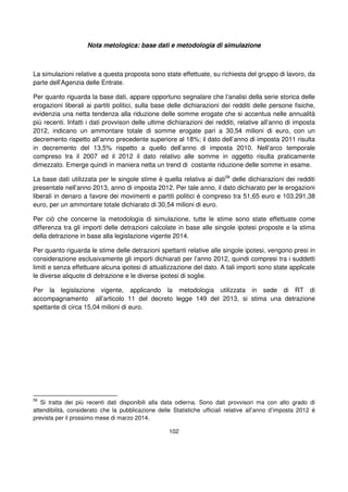 102
Nota metologica: base dati e metodologia di simulazione
La simulazioni relative a questa proposta sono state effettuate, su richiesta del gruppo di lavoro, da
parte dell’Agenzia delle Entrate.
Per quanto riguarda la base dati, appare opportuno segnalare che l’analisi della serie storica delle
erogazioni liberali ai partiti politici, sulla base delle dichiarazioni dei redditi delle persone fisiche,
evidenzia una netta tendenza alla riduzione delle somme erogate che si accentua nelle annualità
più recenti. Infatti i dati provvisori delle ultime dichiarazioni dei redditi, relative all’anno di imposta
2012, indicano un ammontare totale di somme erogate pari a 30,54 milioni di euro, con un
decremento rispetto all’anno precedente superiore al 18%; il dato dell’anno di imposta 2011 risulta
in decremento del 13,5% rispetto a quello dell’anno di imposta 2010. Nell’arco temporale
compreso tra il 2007 ed il 2012 il dato relativo alle somme in oggetto risulta praticamente
dimezzato. Emerge quindi in maniera netta un trend di costante riduzione delle somme in esame.
La base dati utilizzata per le singole stime è quella relativa ai dati58
delle dichiarazioni dei redditi
presentate nell’anno 2013, anno di imposta 2012. Per tale anno, il dato dichiarato per le erogazioni
liberali in denaro a favore dei movimenti e partiti politici è compreso tra 51,65 euro e 103.291,38
euro, per un ammontare totale dichiarato di 30,54 milioni di euro.
Per ciò che concerne la metodologia di simulazione, tutte le stime sono state effettuate come
differenza tra gli importi delle detrazioni calcolate in base alle singole ipotesi proposte e la stima
della detrazione in base alla legislazione vigente 2014.
Per quanto riguarda le stime delle detrazioni spettanti relative alle singole ipotesi, vengono presi in
considerazione esclusivamente gli importi dichiarati per l’anno 2012, quindi compresi tra i suddetti
limiti e senza effettuare alcuna ipotesi di attualizzazione del dato. A tali importi sono state applicate
le diverse aliquote di detrazione e le diverse ipotesi di soglie.
Per la legislazione vigente, applicando la metodologia utilizzata in sede di RT di
accompagnamento all’articolo 11 del decreto legge 149 del 2013, si stima una detrazione
spettante di circa 15,04 milioni di euro.
58
Si tratta dei più recenti dati disponibili alla data odierna. Sono dati provvisori ma con alto grado di
attendibilità, considerato che la pubblicazione delle Statistiche ufficiali relative all’anno d’imposta 2012 è
prevista per il prossimo mese di marzo 2014.
 