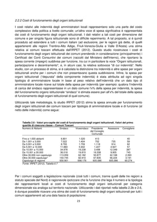 23
2.2.2 Costi di funzionamento degli organi istituzionali
I costi relativi alle indennità degli amministratori locali rappresentano solo una parte del costo
complessivo della politica a livello comunale; un’altra voce di spesa significativa è rappresentata
dai costi di funzionamento degli organi istituzionali. I dati relativi a tali costi per dimensione del
comune e per singola figura istituzionale sono di difficile reperimento. A tal proposito, si è quindi
proceduto ad estendere a tutti i comuni italiani (ad esclusione, per le ragioni già dette, di quelli
appartenenti alle regioni Trentino-Alto Adige, Friuli-Venezia-Giulia e Valle D’Aosta) una stima
relativa ai comuni toscani effettuata dall’IRPET (2012). Questo studio ricostruisce i costi di
funzionamento degli organi istituzionali dei comuni prendendo in considerazione (principalmente) i
Certificati dei Conti Consuntivi dei comuni (raccolti dal Ministero dell'Interno), che riportano la
spesa corrente (impegni) suddivisa per funzione, tra cui in particolare la voce "Organi istituzionali,
partecipazione e decentramento", e, in alcuni casi, la relativa sottovoce "di cui indennità". Nello
studio, con un processo di stima, si è calcolata la distinzione tra indennità e altre spese per organi
istituzionali anche per i comuni che non presentavano questa suddivisione. Infine, la spesa per
organi istituzionali (“depurata” della componente indennità) è stata attribuita ad ogni singola
tipologia di amministratore locale in base al peso relativo dell’indennità che un dato tipo di
amministratore locale riceve sul totale della spesa per indennità (per esempio: qualora l’indennità
di carica del sindaco rappresentasse in un dato comune l’x% della spesa per indennità, la spesa
del funzionamento organo istituzionale “sindaco” è stimata essere pari all’x% del totale della spesa
di funzionamento degli organi istituzionali di quel comune).
Utilizzando tale metodologia, lo studio IRPET (2012) stima la spesa annuale per funzionamento
degli organi istituzionali dei comuni toscani per tipologia di amministratore locale e di funzione (al
netto delle indennità) come segue:
Tabella 2.6 - Valori pro-capite dei costi di funzionamento degli organi istituzionali. Valori del primo
quartile di ciascuna classe – Comuni Toscani
Numero di Abitanti Sindaco Vicesindaco Presidente
del Consiglio
Comunale
Assessore Consigliere
Fino a 1.000 abitanti 6.801 1.020 413 - 40
Da 1.001 a 3.000 7.022 1.404 702 735 59
Da 3.001 a 5.000 8.793 1.759 1.118 914 62
Da 5.001 a 10.000 11.883 5.942 1.227 4.927 57
Da 10.001 a 15.000 34.978 19.238 3.498 12.349 387
Da 15.001 a 30.000 36.018 19.810 16.208 9.905 745
Oltre 30.000 non capoluogo 113.059 62.182 50.877 42.168 2.393
Oltre 30.000 capoluogo* 150.745 82.910 67.835 56.224 3.191
Capoluogo di regione 930.901 698.176 605.086 605.086 60.274
Fonte: IRPET (2012), Tabella 6.7
Per i comuni soggetti a legislazione nazionale (cioè tutti i comuni, tranne quelli delle tre regioni a
statuto speciale del Nord) è ragionevole ipotizzare che la funzione che lega il numero e la tipologia
dei rappresentanti locali ai costi di funzionamento degli organi istituzionali per categoria
dimensionale sia analoga sul territorio nazionale. Utilizzando i dati riportati nella tabella 2.2b e 2.6,
è dunque possibile ricavare una stima dei costi di funzionamento degli organi istituzionali per tutti i
comuni appartenenti ad una data fascia di popolazione:
 
