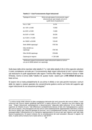 24
Tabella 2.7 - Costi Funzionamento Organi Istituzionali
Tipologia di Comune Stima annuale spese funzionamento organi
istituzionali per ogni singolo comune in
quella fascia di popolazione
fino a 1.000 8.474
da 1.001 a 3.000 10.952
da 3.001 a 5.000 14.846
da 5.001 a 10.000 39.330
da 10.001 a 15.000 125.651
da 150001 a 30.000 133.481
Sotto 30000 capoluogo* 578.726
Oltre 30.000 non
capoluogo 578.726
Oltre 30.000 capoluogo 978.606
Capoluogo di regione 11.301.069
*Attribuiamo spese funzionamento organi istituzionali relative ai comuni
con più di 30000 abitanti non capoluogo
Sulla base delle stime riportate nella tabella 2.7 e i dati della tabella 2.2b è infine agevole calcolare
il costo complessivo annuale per il funzionamento degli organi istituzionali di tutti i comuni italiani
(ad esclusione di quelli appartenenti alle regioni Trentino-Alto Adige, Friuli-Venezia-Giulia e Valle
D’Aosta). Come si evince dalla Tabella 2.8, questo risulta essere pari a 576 milioni di euro su
base annua.
Si osservi che si tratta probabilmente di una stima in difetto e non solo perché mancano i comuni
delle tre regioni a statuto speciale che verosimilmente godono anche sul fronte del supporto agli
organi istituzionali di una situazione privilegiata.8
8
La stima risulta infatti inferiore al dato complessivo derivante dai conti consuntivi dei comuni italiani. I conti
consuntivi dei Comuni Italiani pubblicati dall’ISTAT e relativi all’anno 2011, riportano una cifra relativa alla
voce “Organi istituzionali, partecipazione e decentramento” (depurata della sottovoce “di cui indennità”)
superiore al miliardo di euro. Tale differenza è probabilmente dovuta al fatto che l’estrapolazione a partire
dai comuni toscani, che presuppone che tali comuni siano statisticamente rappresentativi dell’intero universo
dei comuni italiani (per ciascuna tipologia di comune), non è completamente corretta. Una stima più precisa
presupporrebbe l’individuazione di un campione rappresentativo di comuni per ogni regione e per ogni data
fascia di popolazione. Si osservi tuttavia che la considerazione dei costi accessori, discussi in seguito nel
testo, in parte colma il divario tra le nostre stime e i dati ISTAT.
 
