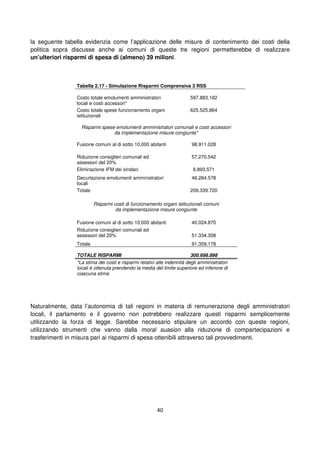 40
la seguente tabella evidenzia come l’applicazione delle misure di contenimento dei costi della
politica sopra discusse anche ai comuni di queste tre regioni permetterebbe di realizzare
un’ulteriori risparmi di spesa di (almeno) 39 milioni.
Tabella 2.17 - Simulazione Risparmi Comprensiva 3 RSS
Costo totale emolumenti amministratori
locali e costi accessori*
597.883.182
Costo totale spese funzionamento organi
istituzionali
625.525.864
Risparmi spese emolumenti amministratori comunali e costi accessori
da implementazione misure congiunte*
Fusione comuni al di sotto 10,000 abitanti 98.911.028
Riduzione consiglieri comunali ed
assessori del 20%
57.270.542
Eliminazione IFM dei sindaci 6.893.571
Decurtazione emolumenti amministratori
locali
46.264.578
Totale 209.339.720
Risparmi costi di funzionamento organi istituzionali comuni
da implementazione misure congiunte
Fusione comuni al di sotto 10,000 abitanti 40.024.870
Riduzione consiglieri comunali ed
assessori del 20% 51.334.308
Totale 91.359.178
TOTALE RISPARMI 300.698.898
*La stima dei costi e risparmi relativi alle indennità degli amministratori
locali è ottenuta prendendo la media del limite superiore ed inferiore di
ciascuna stima
Naturalmente, data l’autonomia di tali regioni in materia di remunerazione degli amministratori
locali, il parlamento e il governo non potrebbero realizzare questi risparmi semplicemente
utilizzando la forza di legge. Sarebbe necessario stipulare un accordo con queste regioni,
utilizzando strumenti che vanno dalla moral suasion alla riduzione di compartecipazioni e
trasferimenti in misura pari ai risparmi di spesa ottenibili attraverso tali provvedimenti.
 