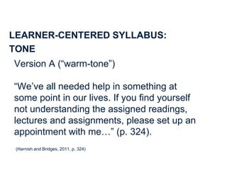 20
LEARNER-CENTERED SYLLABUS:
TONE
Version A (“warm-tone”)
“We’ve all needed help in something at
some point in our lives....