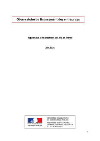 1 
Observatoire du financement des entreprises 
Rapport sur le financement des TPE en France 
Juin 2014 
 