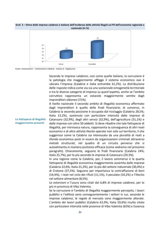 25
Graf. 3 – Stima delle imprese calabresi e italiane dell’incidenza delle attività illegali sul Pil dell’economia regionale e
nazionale (In %)
Fonte: Unioncamere – Unioncamere Calabria - Istituto G. Tagliacarne
Le fattispecie di illegalità
maggiormente presenti
Secondo le imprese calabresi, così come quelle italiane, la corruzione è
la patologia che maggiormente affligge il sistema economico ove è
ubicata l’impresa (Calabria e Italia entrambe 61,2%). La distribuzione
delle risposte indica come via sia una sostanziale omogeneità territoriale
e tra le diverse categorie di impresa su quest’aspetto, anche se l’ambito
corruttivo rappresenta un ostacolo maggiormente sentito dagli
imprenditori vibonesi (71%).
A livello nazionale il secondo ambito di illegalità economica affermato
dagli imprenditori è quello delle frodi finanziarie; di converso, in
Calabria la seconda posizione è occupata dal riciclaggio (Calabria 28,5%;
Italia 13,2%), sostenuto con particolare intensità dalle imprese di
Catanzaro (32,9%), degli altri servizi (32,9%), dell’agricoltura (31,1%) e
dalle imprese con oltre 50 addetti. Si deve ribadire che tale fattispecie di
illegalità, per intrinseca natura, rappresenta la conseguenza di altri reati
economici e di altre attività illecite operate non solo sul territorio; il che
suggerisce come la Calabria sia interessata da una pluralità di reati a
sfondo economico posti in essere da organizzazioni criminali attraverso
metodi strutturati, nel quadro di un circuito perverso che si
autoalimenta in maniera piuttosto efficace (come vedremo nel prossimo
paragrafo). Chiaramente, seguono le frodi finanziarie (Calabria 24%;
Italia 25,7%), per lo più secondo le imprese di Catanzaro (29,3%).
In una regione come la Calabria, poi, il lavoro sommerso è la quarta
fattispecie di illegalità economica maggiormente avvertita dalle imprese
(Calabria 22,6%; Italia 21,2%), per lo più del settore industriale (30,4%) e
di Crotone (27,5%). Seguono per importanza la contraffazione di beni
(14,4%), i reati nel ciclo dei rifiuti (11,1%), il peculato (10,2%) e l’illecito
nel settore alimentare (8,5%).
Le estorsioni e l’usura sono citati dal 6,8% di imprese calabresi, per lo
più in provincia di Vibo Valentia.
Se la corruzione è l’ambito di illegalità maggiormente percepito, i lavori
pubblici e l’edilizia sono conseguentemente i settori in cui, secondo le
imprese calabresi, le regole di mercato sono maggiormente alterate.
L’ambito dei lavori pubblici (Calabria 62,9%; Italia 59,6%) risulta citato
con particolare intensità nelle province di Vibo Valentia (65%) e Cosenza
20
21
22
23
24
25
ITALIA CALABRIA
22
25
 