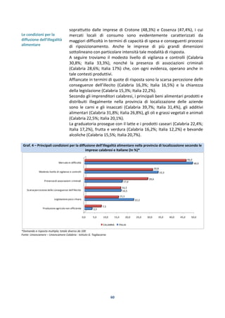 60
Le condizioni per la
diffusione dell’illegalità
alimentare
soprattutto dalle imprese di Crotone (48,3%) e Cosenza (47,4%), i cui
mercati locali di consumo sono evidentemente caratterizzati da
maggiori difficoltà in termini di capacità di spesa e conseguenti processi
di riposizionamento. Anche le imprese di più grandi dimensioni
sottolineano con particolare intensità tale modalità di risposta.
A seguire troviamo il modesto livello di vigilanza e controlli (Calabria
30,8%; Italia 33,3%), nonché la presenza di associazioni criminali
(Calabria 28,6%; Italia 17%) che, con ogni evidenza, operano anche in
tale contesti produttivi.
Affiancate in termini di quote di risposta sono la scarsa percezione delle
conseguenze dell’illecito (Calabria 16,3%; Italia 16,5%) e la chiarezza
della legislazione (Calabria 15,3%; Italia 22,2%).
Secondo gli imprenditori calabresi, i principali beni alimentari prodotti e
distribuiti illegalmente nella provincia di localizzazione delle aziende
sono le carni e gli insaccati (Calabria 39,7%; Italia 31,4%), gli additivi
alimentari (Calabria 31,8%; Italia 26,8%), gli oli e grassi vegetali e animali
(Calabria 22,5%; Italia 20,1%).
La graduatoria prosegue con il latte e i prodotti caseari (Calabria 22,4%;
Italia 17,2%), frutta e verdura (Calabria 16,2%; Italia 12,2%) e bevande
alcoliche (Calabria 15,5%; Italia 20,7%).
Graf. 4 – Principali condizioni per la diffusione dell’illegalità alimentare nella provincia di localizzazione secondo le
imprese calabresi e italiane (In %)*
*Domanda a risposta multipla; totale diverso da 100
Fonte: Unioncamere – Unioncamere Calabria - Istituto G. Tagliacarne
0,0 5,0 10,0 15,0 20,0 25,0 30,0 35,0 40,0 45,0 50,0
Produzione agricola non efficiente
Legislazione poco chiara
Scarsapercezione delle conseguenze dell’illecito
Presenzadi associazioni criminali
Modesto livello di vigilanza e controlli
Mercato in difficoltà
3,3
22,2
16,5
17,0
33,3
48,9
7,5
15,3
16,3
28,6
30,8
46,0
CALABRIA ITALIA
 