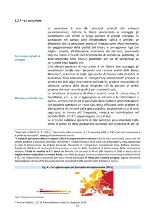 62
1.2.7 – La corruzione
Corruzione e grado di
sviluppo
Minacce e intimidazioni
La corruzione è uno dei principali ostacoli allo sviluppo
socioeconomico, distorce la libera concorrenza e scoraggia gli
investimenti con effetti di lungo periodo di grande rilevanza, in
particolare nel campo delle infrastrutture, sanità e welfare. Le
distorsioni che la corruzione arreca al mercato sono infatti molteplici,
dal peggioramento della qualità del lavoro e conseguente fuga dei
migliori cervelli, all’alterazione strutturale del mercato, premiando
imprese meno efficienti nell’ottenimento di commesse pubbliche, al
deterioramento delle finanze pubbliche per via di sovraccosti da
corruzione negli appalti, etc.
Una elevata presenza di corruzione è un fattore che scoraggia gli
investimenti diretti esteri (secondo una recente analisi della Banca
Mondiale8, in termini di costi, ogni punto di discesa nella classifica di
percezione della corruzione di Transparency International9 provoca la
perdita del 16% degli investimenti dall’estero), produce meccanismi di
selezione avversa della classe dirigente, tali da portare ai vertici
persone che non hanno le qualità per ricoprire il ruolo.
La corruzione si compone di diversi aspetti, come la concussione, il
favoritismo, etc., a cui si aggiungono le minacce e le intimidazioni a
politici, amministratori ed al personale della Pubblica Amministrazione
che possono costituire un reato-spia della diffusione delle pratiche di
alterazione e distorsione della spesa pubblica. Le province in cui si sono
registrate, in misura più frequente, minacce ed intimidazioni nel
periodo 2010 - 201410, appartengono tutte al Sud.
Le province calabresi spiccano in tale contesto, posizionandosi tutte
entro le prime 10 della graduatoria nazionale per incidenza di atti di
8
Riportata in GAROFOLI R. (2013), “Il contrasto alla corruzione. La l. 6 novembre 2012, n. 190, il decreto trasparenza e
le politiche necessarie”, www.giustizia-amministrativa.it.
9
L’indice di percezione della corruzione (CPI) di Transparency International offre la misurazione della corruzione nel
settore pubblico e politico di 168 Paesi nel Mondo. I risultati relativi al 2015 sono stati presentati il 27/01/2016 presso
la sede di Unioncamere, da Virginio Carnevali, Presidente di Transparency International Italia, Raffaele Cantone,
Presidente dell’Autorità Nazionale Anticorruzione, e Ivan Lo Bello, Presidente di Unioncamere. Nella ventunesima
edizione, l’Italia si classifica al 61° posto nel Mondo, con un voto di 44 su 100. Rispetto al 2014 si assiste ad un
miglioramento nel giudizio sul nostro Paese, che infatti guadagna un punto e 8 posizioni nel ranking mondiale (da 69
a 61). Pur migliorando, la posizione dell’Italia rimane purtroppo in fondo alla classifica europea, seguita solamente
dalla Bulgaria e dietro altri Paesi generalmente considerati molto corrotti come Romania e Grecia.
Fig. A – Dettaglio europeo del Corruption Perception index (2015)
Fonte: Transparency International
10
Avviso Pubblico, (2015), Amministratori sotto tiro, Rapporto 2014.
 