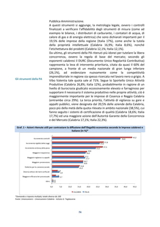 74
Gli strumenti della PA
Pubblica Amministrazione.
A questi strumenti si aggiunge, la metrologia legale, ovvero i controlli
finalizzati a verificare l’affidabilità degli strumenti di misura (come ad
esempio le bilance, i distributori di carburante, i contatori di acqua, di
calore di gas e di energia elettrica) che sono dichiarati importanti per il
19,5% delle imprese della regione (Italia 17%), come anche la tutela
della proprietà intellettuale (Calabria 16,9%; Italia 8,6%), nonché
l’etichettatura dei prodotti (Calabria 12,1%; Italia 12,1%).
Da ultimo, gli strumenti della PA ritenuti più idonei per tutelare la libera
concorrenza, ovvero la regola di base del mercato; secondo gli
esponenti calabresi il DURC (Documento Unico Regolarità Contributiva)
rappresenta la leva di intervento prioritaria, citata da quasi il 60% del
campione, a fronte di un media nazionale di gran lunga inferiore
(26,1%), ad evidenziare nuovamente come la competitività
imprenditoriale in regione sia spesso ricercata nel lavoro nero o grigio. A
Vibo Valentia tale quota sale al 71%. Segue lo Sportello Unico Attività
Produttive (Calabria 26,8%; Italia 12%), probabilmente in ragione di un
livello di burocrazia giudicato eccessivamente elevato e farraginoso per
supportare il necessario il sistema produttivo nelle proprie attività; ciò è
maggiormente importante per le imprese di Cosenza e Reggio Calabria
(entrambe circa 29%). La terza priorità, l’attività di vigilanza su gare e
appalti pubblici, viene designata dal 20,5% delle aziende della Calabria,
poco più della metà della quota rilevata in ambito nazionale (38,5%), cui
fanno seguito i sistemi di certificazione di qualità (Calabria 18,6%; Italia
17,7%) ed una maggiore azione dell’Autorità Garante della Concorrenza
e del Mercato (Calabria 17,1%; Italia 22,3%).
Graf. 1 – Azioni ritenute utili per contrastare la diffusione dell’illegalità economica secondo le imprese calabresi e
italiane (In %)*
*Domanda a risposta multipla; totale diverso da 100
Fonte: Unioncamere – Unioncamere Calabria - Istituto G. Tagliacarne
0,0 5,0 10,0 15,0 20,0 25,0 30,0 35,0 40,0 45,0
Altro
Maggiore efficacia iter processuale
Diverso utilizzo dei beni confiscati
Politiche per la coesione sociale
Maggiore prevenzione
Maggiore vigilanza su appalti
Maggiore trasparenza
Incremento certezza della pena
Incremento rigidità delle Leggi
Incremento controlli
0,2
3,7
3,9
14,3
16,6
17,7
18,0
23,5
25,6
36,8
0,1
1,9
2,9
14,8
16,7
17,2
18,8
27,3
27,8
43,2
CALABRIA ITALIA
 