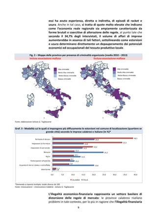 9
essi ha avuto esperienza, diretta o indiretta, di episodi di racket e
usura. Anche in tal caso, si tratta di quote molto elevate che indicano
come l’economia reale regionale sia ampiamente caratterizzata da
forme brutali e coercitive di alterazione delle regole, al punto tale che
secondo il 34,7% degli intervistati, il volume di affari di imprese
aumenterebbe in assenza di tali fattori, sottolineando come estorsioni
e usura determinano direttamente un depauperamento dei potenziali
economici ed occupazionali del tessuto produttivo locale.
Fig. 2 – Mappe delle province per presenza di criminalità organizzata (media 2010 – 2013)
Inclusa associazione mafiosa Esclusa associazione mafiosa
Fonte: elaborazione Istituto G. Tagliacarne
Graf. 3 - Modalità cui le quali si impongono più diffusamente le estorsioni nel comune di localizzazione (quartiere se
grande città) secondo le imprese calabresi e italiane (In %)*
*Domanda a risposta multipla; totale diverso da 100
Fonte: Unioncamere – Unioncamere Calabria - Istituto G. Tagliacarne
L’illegalità economico-finanziaria rappresenta un vettore basilare di
distorsione delle regole di mercato: le province calabresi rivelano
problemi in tale contesto, per lo più in ragione che l’illegalità finanziaria
0,0 5,0 10,0 15,0 20,0 25,0 30,0 35,0 40,0
Altre forme
Acquisto di merce rubata o contraffatta
Partecipazioni all’azienda
Ns/nr
Nessuna
Imposizioni di personale
Imposizioni di forniture
Richieste di denaro
1,4
19,8
10,4
13,3
24,3
14,3
14,8
20,0
1,7
7,9
8,3
10,1
10,4
19,2
33,3
38,5
CALABRIA ITALIA
 