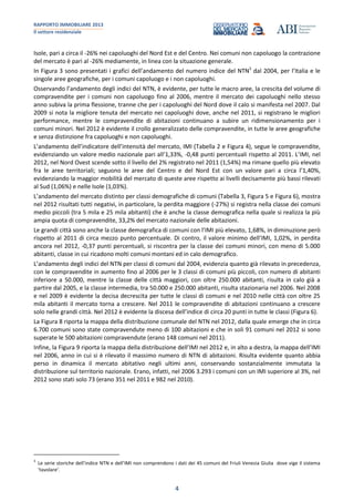 RAPPORTO IMMOBILIARE 2013
Il settore residenziale
4
Isole, pari a circa il -26% nei capoluoghi del Nord Est e del Centro. Nei comuni non capoluogo la contrazione
del mercato è pari al -26% mediamente, in linea con la situazione generale.
In Figura 3 sono presentati i grafici dell’andamento del numero indice del NTN3
dal 2004, per l’Italia e le
singole aree geografiche, per i comuni capoluogo e i non capoluoghi.
Osservando l’andamento degli indici del NTN, è evidente, per tutte le macro aree, la crescita del volume di
compravendite per i comuni non capoluogo fino al 2006, mentre il mercato dei capoluoghi nello stesso
anno subiva la prima flessione, tranne che per i capoluoghi del Nord dove il calo si manifesta nel 2007. Dal
2009 si nota la migliore tenuta del mercato nei capoluoghi dove, anche nel 2011, si registrano le migliori
performance, mentre le compravendite di abitazioni continuano a subire un ridimensionamento per i
comuni minori. Nel 2012 è evidente il crollo generalizzato delle compravendite, in tutte le aree geografiche
e senza distinzione fra capoluoghi e non capoluoghi.
L’andamento dell’indicatore dell’intensità del mercato, IMI (Tabella 2 e Figura 4), segue le compravendite,
evidenziando un valore medio nazionale pari all’1,33%, -0,48 punti percentuali rispetto al 2011. L’IMI, nel
2012, nel Nord Ovest scende sotto il livello del 2% registrato nel 2011 (1,54%) ma rimane quello più elevato
fra le aree territoriali; seguono le aree del Centro e del Nord Est con un valore pari a circa l’1,40%,
evidenziando la maggior mobilità del mercato di queste aree rispetto ai livelli decisamente più bassi rilevati
al Sud (1,06%) e nelle Isole (1,03%).
L’andamento del mercato distinto per classi demografiche di comuni (Tabella 3, Figura 5 e Figura 6), mostra
nel 2012 risultati tutti negativi, in particolare, la perdita maggiore (-27%) si registra nella classe dei comuni
medio piccoli (tra 5 mila e 25 mila abitanti) che è anche la classe demografica nella quale si realizza la più
ampia quota di compravendite, 33,2% del mercato nazionale delle abitazioni.
Le grandi città sono anche la classe demografica di comuni con l’IMI più elevato, 1,68%, in diminuzione però
rispetto al 2011 di circa mezzo punto percentuale. Di contro, il valore minimo dell’IMI, 1,02%, in perdita
ancora nel 2012, -0,37 punti percentuali, si riscontra per la classe dei comuni minori, con meno di 5.000
abitanti, classe in cui ricadono molti comuni montani ed in calo demografico.
L’andamento degli indici del NTN per classi di comuni dal 2004, evidenzia quanto già rilevato in precedenza,
con le compravendite in aumento fino al 2006 per le 3 classi di comuni più piccoli, con numero di abitanti
inferiore a 50.000, mentre la classe delle città maggiori, con oltre 250.000 abitanti, risulta in calo già a
partire dal 2005, e la classe intermedia, tra 50.000 e 250.000 abitanti, risulta stazionaria nel 2006. Nel 2008
e nel 2009 è evidente la decisa decrescita per tutte le classi di comuni e nel 2010 nelle città con oltre 25
mila abitanti il mercato torna a crescere. Nel 2011 le compravendite di abitazioni continuano a crescere
solo nelle grandi città. Nel 2012 è evidente la discesa dell’indice di circa 20 punti in tutte le classi (Figura 6).
La Figura 8 riporta la mappa della distribuzione comunale del NTN nel 2012, dalla quale emerge che in circa
6.700 comuni sono state compravendute meno di 100 abitazioni e che in soli 91 comuni nel 2012 si sono
superate le 500 abitazioni compravendute (erano 148 comuni nel 2011).
Infine, la Figura 9 riporta la mappa della distribuzione dell’IMI nel 2012 e, in alto a destra, la mappa dell’IMI
nel 2006, anno in cui si è rilevato il massimo numero di NTN di abitazioni. Risulta evidente quanto abbia
perso in dinamica il mercato abitativo negli ultimi anni, conservando sostanzialmente immutata la
distribuzione sul territorio nazionale. Erano, infatti, nel 2006 3.293 i comuni con un IMI superiore al 3%, nel
2012 sono stati solo 73 (erano 351 nel 2011 e 982 nel 2010).
3
Le serie storiche dell’indice NTN e dell’IMI non comprendono i dati dei 45 comuni del Friuli Venezia Giulia dove vige il sistema
‘tavolare’.
 