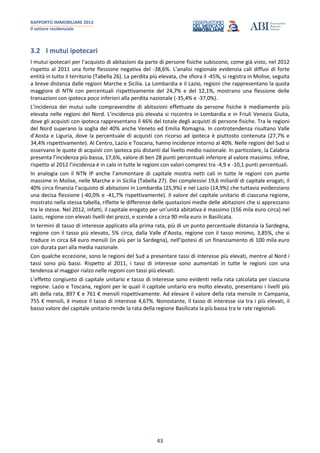 RAPPORTO IMMOBILIARE 2013
Il settore residenziale
43
3.2 I mutui ipotecari
I mutui ipotecari per l’acquisto di abitazioni da parte di persone fisiche subiscono, come già visto, nel 2012
rispetto al 2011 una forte flessione negativa del -38,6%. L’analisi regionale evidenzia cali diffusi di forte
entità in tutto il territorio (Tabella 26). La perdita più elevata, che sfiora il -45%, si registra in Molise, seguita
a breve distanza dalle regioni Marche e Sicilia. La Lombardia e il Lazio, regioni che rappresentano la quota
maggiore di NTN con percentuali rispettivamente del 24,7% e del 12,1%, mostrano una flessione delle
transazioni con ipoteca poco inferiori alla perdita nazionale (-35,4% e -37,0%).
L’incidenza dei mutui sulle compravendite di abitazioni effettuate da persone fisiche è mediamente più
elevata nelle regioni del Nord. L’incidenza più elevata si riscontra in Lombardia e in Friuli Venezia Giulia,
dove gli acquisti con ipoteca rappresentano il 46% del totale degli acquisti di persone fisiche. Tra le regioni
del Nord superano la soglia del 40% anche Veneto ed Emilia Romagna. In controtendenza risultano Valle
d’Aosta e Liguria, dove la percentuale di acquisti con ricorso ad ipoteca è piuttosto contenuta (27,7% e
34,4% rispettivamente). Al Centro, Lazio e Toscana, hanno incidenze intorno al 40%. Nelle regioni del Sud si
osservano le quote di acquisti con ipoteca più distanti dal livello medio nazionale. In particolare, la Calabria
presenta l’incidenza più bassa, 17,6%, valore di ben 28 punti percentuali inferiore al valore massimo. Infine,
rispetto al 2012 l’incidenza è in calo in tutte le regioni con valori compresi tra -4,9 e -10,1 punti percentuali.
In analogia con il NTN IP anche l’ammontare di capitale mostra netti cali in tutte le regioni con punte
massime in Molise, nelle Marche e in Sicilia (Tabella 27). Dei complessivi 19,6 miliardi di capitale erogati, il
40% circa finanzia l’acquisto di abitazioni in Lombardia (25,9%) e nel Lazio (14,9%) che tuttavia evidenziano
una decisa flessione (-40,0% e -41,7% rispettivamente). Il valore del capitale unitario di ciascuna regione,
mostrato nella stessa tabella, riflette le differenze delle quotazioni medie delle abitazioni che si apprezzano
tra le stesse. Nel 2012, infatti, il capitale erogato per un’unità abitativa è massimo (156 mila euro circa) nel
Lazio, regione con elevati livelli dei prezzi, e scende a circa 90 mila euro in Basilicata.
In termini di tasso di interesse applicato alla prima rata, più di un punto percentuale distanzia la Sardegna,
regione con il tasso più elevato, 5% circa, dalla Valle d’Aosta, regione con il tasso minimo, 3,85%, che si
traduce in circa 64 euro mensili (in più per la Sardegna), nell’ipotesi di un finanziamento di 100 mila euro
con durata pari alla media nazionale.
Con qualche eccezione, sono le regioni del Sud a presentare tassi di interesse più elevati, mentre al Nord i
tassi sono più bassi. Rispetto al 2011, i tassi di interesse sono aumentati in tutte le regioni con una
tendenza al maggior rialzo nelle regioni con tassi più elevati.
L’effetto congiunto di capitale unitario e tasso di interesse sono evidenti nella rata calcolata per ciascuna
regione. Lazio e Toscana, regioni per le quali il capitale unitario era molto elevato, presentano i livelli più
alti della rata, 897 € e 761 € mensili rispettivamente. Ad elevare il valore della rata mensile in Campania,
755 € mensili, è invece il tasso di interesse 4,67%. Nonostante, il tasso di interesse sia tra i più elevati, il
basso valore del capitale unitario rende la rata della regione Basilicata la più bassa tra le rate regionali.
 