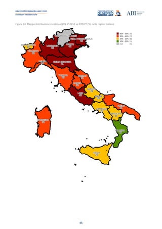 RAPPORTO IMMOBILIARE 2013
Il settore residenziale
45
Figura 34: Mappa distribuzione incidenza NTN IP 2012 su NTN PF (%) nelle regioni italiane
 