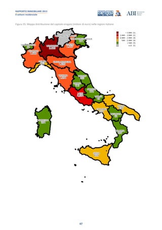 RAPPORTO IMMOBILIARE 2013
Il settore residenziale
47
Figura 35: Mappa distribuzione del capitale erogato (milioni di euro) nelle regioni italiane
 