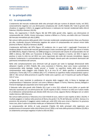 RAPPORTO IMMOBILIARE 2013
Il settore residenziale
49
4 Le principali città
4.1 Le compravendite
L’andamento del mercato residenziale delle otto principali città per numero di abitanti risulta, nel 2012,
sostanzialmente negativo con una diminuzione complessiva del -22,4% (Tabella 29). Tutte le grandi città
chiudono in negativo il 2012 e le peggiori performance si realizzano nei mercati residenziali delle città di
Palermo (-26,4%) e Genova (-26,1%).
Roma, che rappresenta il 35,4% (Figura 36) del NTN delle grandi città, registra una diminuzione di
compravendite del -23,6%; rimane comunque, insieme a Milano e a Torino, una delle città con l’intensità
del mercato immobiliare più alta (1,84%).
Nei comuni delle province delle grandi città il mercato residenziale complessivamente rileva una flessione
più alta, risultando chiusure fortemente negative dei volumi di compravendita nei comuni minori delle
province di Roma (-30,2%) e Genova (-26,8%).
L’andamento dell’indice del NTN (Figura 37) evidenzia che in quasi tutti i capoluoghi l’inversione di
tendenza (dopo la crescita del mercato generalizzata) è stata consistente già nel 2007, per alcuni è iniziata
dal 2006 (Roma, Napoli e Palermo), nel 2008 prosegue la contrazione del volume di compravendite che nel
2009 si attenua. Nel 2010, con l’eccezione di Bologna, il trend negativo si inverte, nel 2011 il segno è
positivo in tutte le città ma nel 2012 non sono risparmiate dal crollo del mercato immobiliare. Appare
evidente l’andamento in controtendenza della città di Napoli, dovuto però alle consistenti dismissioni del
patrimonio immobiliare del comune.
Nelle città complessivamente sono diminuiti tutti gli acquisti per tutte le tipologie dimensionali delle
abitazioni rispetto al 2011 (Tabella 30); unica eccezione è Palermo, dove sono invece aumentate le
compravendite delle tipologie ‘medio piccola’ e ‘media’. La superficie media delle unità abitative
compravendute nelle maggiori città (Tabella 31) è di circa 91 m2
. Nello specifico è particolarmente
contenuta a Torino (82,7 m2
) e a Milano (83,1 m2
). A Palermo la superficie media compravenduta supera i
100 m2
. Nei comuni della provincia le superfici medie sono superiori, con il massimo per quella di Napoli,
113 m2
circa.
In Figura 38 sono mostrate le preferenze di acquisto delle maggiori città. A Roma la tipologia più
compravenduta è l’abitazione ‘piccola’ così come a Milano e Napoli. A Torino, Palermo, Genova, Bologna e
Firenze le tipologie più acquistate sono invece quelle ‘medie’.
Il fatturato nelle otto grandi città (Tabella 32) è pari a circa 19,5 miliardi di euro (oltre un quarto del
fatturato nazionale) con una diminuzione del -22,5% rispetto al 2011. Firenze è la città con il valore medio
di un’abitazione compravenduta più elevato (318 mila euro circa), seguono Roma e Bologna con un valore
medio intorno a 300 mila euro.
Nei comuni delle province si fatturano circa 12,8 miliardi di euro, valore in calo rispetto al 2011 (-26,5%). Il
risultato peggiore si realizza nella provincia di Roma che perde il 31,7% del fatturato nel 2011. Genova è la
provincia che presenta il maggiore valore medio per unità (253 mila euro circa) e Palermo è la provincia
meno cara, dove il valore di scambio medio per un’abitazione è 98 mila euro circa.
Le compravendite del diritto di nuda proprietà (Tabella 33) delle principali città registrano una
predominanza di transazioni nella città di Roma (circa il 39%) e nel resto della provincia di Milano (23,4%) e
un andamento comunque negativo in tutte le città nel 2012.
 