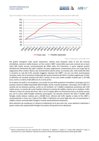 RAPPORTO IMMOBILIARE 2013
Il settore residenziale
66
Figura 43: Reddito unitario delle famiglie e prezzo delle case (numeri indici; primo semestre 2004=100)
Fonte: ns elaborazioni su dati OMI e Istat
Dal grafico emergono molti spunti interessanti. Intanto sono piuttosto nette le fasi del mercato
immobiliare, almeno a livello di prezzi: se fino a tutto il 2007 i prezzi delle case erano cresciuti ad un buon
ritmo (8% medio annuo), successivamente gli effetti della crisi finanziaria, in parte originati proprio
dall’abnorme lievitazione dei valori mobiliari nei paesi anglosassoni, provocavano prima una lunga fase di
stagnazione (fino a tutto il 2011) e più recentemente (ultimo anno), un marcato calo: nella media del 2012
si riscontra un calo del 2,7%, seconda maggiore riduzione dal 198020
, ma con una forte accentuazione
recessiva, tanto che la variazione tendenziale del quarto trimestre del 2012 è risultata negativa per il 4,6%.
In definitiva nel secondo semestre del 2012 il prezzo di una casa media sarebbe risultato pari a 157.400
Euro, contro un valore di 164.200 Euro di un anno prima.
Se la caduta nei livelli è, nel complesso, una novità nel caso delle quotazioni immobiliari, purtroppo non lo è
quando si parla di reddito disponibile delle famiglie. Anche a questo proposito, comunque, fino al 2007 si è
assistito ad una dinamica positiva, anche se non brillante: se il reddito complessivo aumentava del 3,3%
medio annuo, la crescita dei nuclei familiari limitava la crescita del reddito unitario ad un modesto +1,8%,
inferiore al tasso di crescita dei prezzi. Ma è con lo scoppio della crisi finanziaria prima e di quella sovrana
poi, che le risorse delle famiglie sembrano prosciugarsi: nel secondo semestre del 2012 il reddito delle
famiglia media italiana risultava pari a 40.400 Euro, inferiore del 5,6% rispetto al dato di fine 2007 e
sostanzialmente in linea con il dato di fine 2004. In definitiva nel corso degli otto anni di osservazione il
reddito unitario nominale delle famiglie è rimasto sostanzialmente stazionario.
Altro elemento da considerare è il divario di andamento tra le due serie che, come vedremo è destinato a
pesare molto sulla capacità delle famiglie di accedere all’acquisto di una abitazione.
20
Almeno relativamente alla serie ricostruita da S. Muzzicato, R. Sabbatini, F. Zollino in “I prezzi delle abitazioni in Italia: la
costruzione di un nuovo indicatore” Questioni di economia e finanza (Occasional Papers) Banca d’Italia agosto 2008.
 