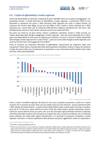 RAPPORTO IMMOBILIARE 2013
Il settore residenziale
73
6.4 L’indice di affordability a livello regionale
Grazie alla disponibilità di statistiche residenziali da parte dell’OMI siamo ora in grado di disaggregare, con
periodicità annuale, il calcolo dell’indice di affordability a livello regionale. In particolare l’OMI ha reso
disponibili la rilevazione dei prezzi e della metratura delle abitazioni per tutte le regioni italiane, ad
eccezione del Trentino Alto Adige, per gli anni dal 2004 al 2012. Poiché a livello nazionale per il 2012
utilizziamo per i prezzi delle case le statistiche IPAB dell’Istat, abbiamo riponderato per tale anno i dati
dell’Agenzia per ottenere il dato medio nazionale coerente con quello dell’Istat.
Dal canto suo l’Istat ha, da poco tempo, iniziato a pubblicare statistiche, sempre a livello annuale, sul
reddito disponibile delle famiglie disaggregate a livello regionale. I dati Istat sono disponibili fino al 2011;
grazie alla disponibilità di serie proxy sia regionali che nazionali, riusciamo a stimare il reddito disponibile
delle famiglie a livello regionale fino a tutto il 201225
. I dati sul numero delle famiglie a livello regionale sono
anch’essi di fonte Istat e sono aggiornati fino al 201226
.
Prima di mostrare gli andamenti dell’indice di affordability ripercorriamo gli andamenti delle serie
componenti l’indice stesso, iniziando dall’analisi delle quotazioni immobiliari. Intanto in Figura 50 valutiamo
il livello del prezzo della casa (combinazione di quotazione a mq e dimensione dell’immobile) nella media
del 2012, ultimo dato disponibile.
Figura 50: Costo della casa (dati 2012; scarti % rispetto alla media italiana)
Fonte: ns elaborazioni su dati OMI
Come si vede la variabilità regionale del prezzo di una casa è piuttosto accentuata e oscilla tra il valore
massimo che si riscontra nel Lazio, dove una casa media costa circa 231 mila Euro - prezzo superiore di oltre
il 40% rispetto alla media italiana - e quello minimo della Calabria, dove il prezzo della casa è pari in media a
poco più di 75 mila Euro, valore inferiore di oltre il 50% alla media italiana. Sembra importante rilevare,
anche per quanto diverrà chiaro più avanti, che: a) le due principali regioni dell’Italia Centrale si collocano
nella fascia alta della classifica; b) la Campania è la regione più cara tra quelle meridionali, con un livello del
prezzo allineato alla media delle regioni settentrionali; c) in generale le quotazioni immobiliari a livello
regionale risentono in maniera significativa della presenza dei grossi agglomerati urbani (è soprattutto il
25
Sul punto si veda la precedente nota 22.
26
Esiste una serie di tassi sui nuovi mutui per l’acquisto di abitazioni differenziata a livello regionale di fonte Banca d’Italia, ma di
questa serie esiste solo la scadenza superiore all’anno e non quella relativa alle scadenze superiori ai 10 anni. In ogni caso l’esame
della serie per il Centro-Nord vs quella del Sud e Isole mostra scarti contenuti in 1-2 decimi di punto che non sarebbero
ovviamente in grado di modificare né la dinamica né le posizioni relative che emergono nel testo.
 