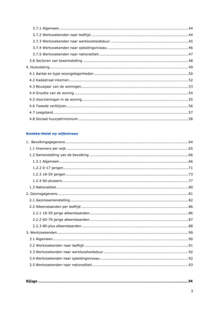 3
3.7.1 Algemeen ............................................................................................................44
3.7.2 Werkzoekenden naar leeftijd..................................................................................44
3.7.3 Werkzoekenden naar werkloosheidsduur .................................................................45
3.7.4 Werkzoekenden naar opleidingsniveau ....................................................................46
3.7.5 Werkzoekenden naar nationaliteit...........................................................................47
3.8 Sectoren van tewerkstelling ........................................................................................48
4. Huisvesting ....................................................................................................................49
4.1 Aantal en type woongelegenheden ...............................................................................50
4.2 Kadastraal inkomen....................................................................................................52
4.3 Bouwjaar van de woningen..........................................................................................53
4.4 Grootte van de woning ...............................................................................................54
4.5 Voorzieningen in de woning.........................................................................................55
4.6 Tweede verblijven......................................................................................................56
4.7 Leegstand .................................................................................................................57
4.8 Sociaal huurpatrimonium ............................................................................................58
1. Bevolkingsgegevens .......................................................................................................64
1.1 Inwoners per wijk ......................................................................................................65
1.2 Samenstelling van de bevolking ...................................................................................66
1.2.1 Algemeen ............................................................................................................66
1.2.2 0-17 jarigen.........................................................................................................71
1.2.3 18-59 jarigen.......................................................................................................73
1.2.4 60-plussers..........................................................................................................77
1.3 Nationaliteit...............................................................................................................80
2. Gezinsgegevens..............................................................................................................81
2.1 Gezinssamenstelling...................................................................................................82
2.2 Alleenstaanden per leeftijd ..........................................................................................86
2.2.1 18-59 jarige alleenstaanden...................................................................................86
2.2.2 60-79 jarige alleenstaanden...................................................................................87
2.2.3 80-plus alleenstaanden .........................................................................................88
3. Werkzoekenden..............................................................................................................90
3.1 Algemeen..................................................................................................................90
3.2 Werkzoekenden naar leeftijd .......................................................................................91
3.3 Werkzoekenden naar werkloosheidsduur .......................................................................92
3.4 Werkzoekenden naar opleidingsniveau..........................................................................92
3.5 Werkzoekenden naar nationaliteit.................................................................................93
Bijlage .................................................................................................................................………..94
 