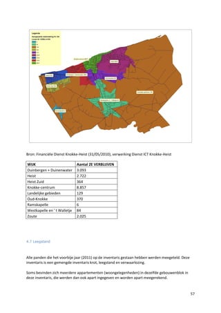 57
Bron: Financiële Dienst Knokke-Heist (31/05/2010), verwerking Dienst ICT Knokke-Heist
WIJK Aantal 2E VERBLIJVEN
Duinbergen + Duinenwater 3.093
Heist 2.722
Heist Zuid 364
Knokke-centrum 8.857
Landelijke gebieden 129
Oud-Knokke 370
Ramskapelle 6
Westkapelle en ' t Walletje 84
Zoute 2.025
4.7 Leegstand
Alle panden die het voorbije jaar (2011) op de inventaris gestaan hebben werden meegeteld. Deze
inventaris is een gemengde inventaris krot, leegstand en verwaarlozing.
Soms bevinden zich meerdere appartementen (woongelegenheden) in dezelfde gebouwenblok in
deze inventaris, die werden dan ook apart ingegeven en worden apart meegerekend.
 