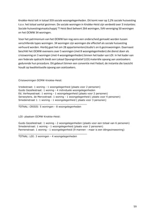 59
Knokke-Heist telt in totaal 359 sociale woongelegenheden. Dit komt neer op 2,2% sociale huisvesting
t.o.v. het totaal aantal gezinnen. De sociale woningen in Knokke-Heist zijn verdeeld over 3 instanties:
Sociale huisvestingsmaatschappij ‘T Heist Best beheert 264 woningen, SVK-vereniging 50 woningen
en het OCMW 34 woningen.
Voor het patrimonium van het OCMW kan nog eens een onderscheid gemaakt worden tussen
verschillende types woningen. 34 woningen zijn woningen die effectief als sociale huisvesting
verhuurd worden. Hierbij gaat het om 28 appartementen/studio’s en 6 gezinswoningen. Daarnaast
beschikt het OCMW eveneens over 5 woningen (met 8 woongelegenheden) die dienst doen als
crisiswoning en 3 woningen (met 4 woongelegenheden) binnen het kader van LOI. In het kader van
een federale opdracht biedt een Lokaal Opvanginitiatief (LOI) materiële opvang aan asielzoekers
gedurende hun procedure. Dit gebeurt binnen een conventie met Fedasil, de instantie die toezicht
houdt op kwaliteitsvolle opvang aan asielzoekers.
Crisiswoningen OCMW Knokke-Heist:
Vredestraat: 1 woning - 1 woongelegenheid (plaats voor 2 personen)
Guido Gezellestraat: 1 woning - 4 individuele woongelegenheden
Ed. Verheyestraat: 1 woning - 1 woongelegenheid (plaats voor 2 personen)
Serweytens. de Mercxstraat: 1 woning - 1 woongelegenheid ( plaats voor 4 personen)
Smedenstraat 1: 1 woning - 1 woongelegenheid ( plaats voor 3 personen)
______________________________________________
TOTAAL: CRISIS: 5 woningen - 8 woongelegenheden
LOI- plaatsen OCMW Knokke-Heist:
Guido Gezellestraat: 1 woning - 2 woongelegenheden (plaats voor een totaal van 6 personen)
Smedenstraat: 1 woning - 1 woongelegenheid (plaats voor 2 personen)
Pannenstraat: 1 woning - 1 woongelegenheid (9 mannen - maar is een ééngezinswoning)
______________________________________________
TOTAAL: LOI: 3 woningen - 4 woongelegenheden
 