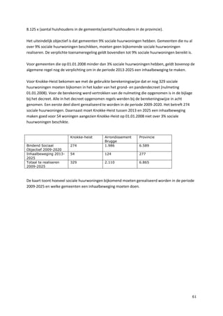 61
8.125 x (aantal huishoudens in de gemeente/aantal huishoudens in de provincie).
Het uiteindelijk objectief is dat gemeenten 9% sociale huurwoningen hebben. Gemeenten die nu al
over 9% sociale huurwoningen beschikken, moeten geen bijkomende sociale huurwoningen
realiseren. De verplichte toenameregeling geldt bovendien tot 9% sociale huurwoningen bereikt is.
Voor gemeenten die op 01.01.2008 minder dan 3% sociale huurwoningen hebben, geldt bovenop de
algemene regel nog de verplichting om in de periode 2013-2025 een inhaalbeweging te maken.
Voor Knokke-Heist bekomen we met de gebruikte berekeningswijze dat er nog 329 sociale
huurwoningen moeten bijkomen in het kader van het grond- en pandendecreet (nulmeting
01.01.2008). Voor de berekening werd vertrokken van de nulmeting die opgenomen is in de bijlage
bij het decreet. Alle in het decreet opgenomen regels werden bij de berekeningswijze in acht
genomen. Een eerste deel dient gerealiseerd te worden in de periode 2009-2020. Het betreft 274
sociale huurwoningen. Daarnaast moet Knokke-Heist tussen 2013 en 2025 een inhaalbeweging
maken goed voor 54 woningen aangezien Knokke-Heist op 01.01.2008 niet over 3% sociale
huurwoningen beschikte.
Knokke-heist Arrondissement
Brugge
Provincie
Bindend Sociaal
Objectief 2009-2020
274 1.986 6.589
Inhaalbeweging 2013-
2025
54 124 277
Totaal te realiseren
2009-2025
329 2.110 6.865
De kaart toont hoeveel sociale huurwoningen bijkomend moeten gerealiseerd worden in de periode
2009-2025 en welke gemeenten een inhaalbeweging moeten doen.
 