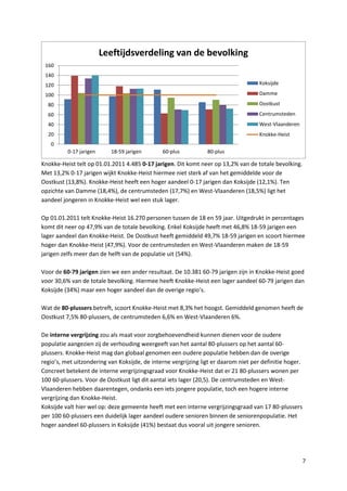 7
Knokke-Heist telt op 01.01.2011 4.485 0-17 jarigen. Dit komt neer op 13,2% van de totale bevolking.
Met 13,2% 0-17 jarigen wijkt Knokke-Heist hiermee niet sterk af van het gemiddelde voor de
Oostkust (13,8%). Knokke-Heist heeft een hoger aandeel 0-17 jarigen dan Koksijde (12,1%). Ten
opzichte van Damme (18,4%), de centrumsteden (17,7%) en West-Vlaanderen (18,5%) ligt het
aandeel jongeren in Knokke-Heist wel een stuk lager.
Op 01.01.2011 telt Knokke-Heist 16.270 personen tussen de 18 en 59 jaar. Uitgedrukt in percentages
komt dit neer op 47,9% van de totale bevolking. Enkel Koksijde heeft met 46,8% 18-59 jarigen een
lager aandeel dan Knokke-Heist. De Oostkust heeft gemiddeld 49,7% 18-59 jarigen en scoort hiermee
hoger dan Knokke-Heist (47,9%). Voor de centrumsteden en West-Vlaanderen maken de 18-59
jarigen zelfs meer dan de helft van de populatie uit (54%).
Voor de 60-79 jarigen zien we een ander resultaat. De 10.381 60-79 jarigen zijn in Knokke-Heist goed
voor 30,6% van de totale bevolking. Hiermee heeft Knokke-Heist een lager aandeel 60-79 jarigen dan
Koksijde (34%) maar een hoger aandeel dan de overige regio’s.
Wat de 80-plussers betreft, scoort Knokke-Heist met 8,3% het hoogst. Gemiddeld genomen heeft de
Oostkust 7,5% 80-plussers, de centrumsteden 6,6% en West-Vlaanderen 6%.
De interne vergrijzing zou als maat voor zorgbehoevendheid kunnen dienen voor de oudere
populatie aangezien zij de verhouding weergeeft van het aantal 80-plussers op het aantal 60-
plussers. Knokke-Heist mag dan globaal genomen een oudere populatie hebben dan de overige
regio’s, met uitzondering van Koksijde, de interne vergrijzing ligt er daarom niet per definitie hoger.
Concreet betekent de interne vergrijzingsgraad voor Knokke-Heist dat er 21 80-plussers wonen per
100 60-plussers. Voor de Oostkust ligt dit aantal iets lager (20,5). De centrumsteden en West-
Vlaanderen hebben daarentegen, ondanks een iets jongere populatie, toch een hogere interne
vergrijzing dan Knokke-Heist.
Koksijde valt hier wel op: deze gemeente heeft met een interne vergrijzingsgraad van 17 80-plussers
per 100 60-plussers een duidelijk lager aandeel oudere senioren binnen de seniorenpopulatie. Het
hoger aandeel 60-plussers in Koksijde (41%) bestaat dus vooral uit jongere senioren.
0
20
40
60
80
100
120
140
160
0-17 jarigen 18-59 jarigen 60-plus 80-plus
Leeftijdsverdeling van de bevolking
Koksijde
Damme
Oostkust
Centrumsteden
West-Vlaanderen
Knokke-Heist
 