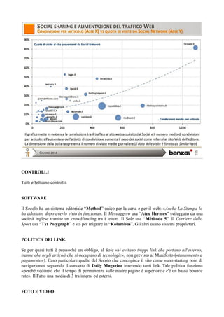 CONTROLLI 
Tutti effettuano controlli. 
SOFTWARE 
Il Secolo ha un sistema editoriale “Method” unico per la carta e per il web: «Anche La Stampa lo 
ha adottato, dopo averlo visto in funziona». Il Messaggero usa “Atex Hermes” sviluppato da una 
società inglese tramite un crowdfunding tra i lettori. Il Sole usa “Méthode 5”. Il Corriere dello 
Sport usa “Txt Polygraph” e sta per migrare in “Kolumbus”. Gli altri usano sistemi proprietari. 
POLITICA DEI LINK. 
Se per quasi tutti è pressoché un obbligo, al Sole «si evitano troppi link che portano all'esterno, 
tranne che negli articoli che si occupano di tecnologie», non previsto al Manifesto («tantomento a 
pagamento»). Caso particolare quello del Secolo che concepisce il sito come «uno starting poin di 
navigazione» seguendo il concetto di Daily Magazine inserendo tanti link. Tale politica funziona 
«perché vediamo che il tempo di permanenza sulle nostre pagine è superiore e c'è un basso bounce 
rate». Il Fatto una media di 3 tra interni ed esterni. 
FOTO E VIDEO 
 