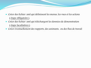  Créer des fichier .xml qui définissent les menus, les vues et les actions
( étape obligatoire )
 Créer des fichier .xml qui téléchargent les données de démonstration
( étape facultatives )
 Créer éventuellement des rapports, des assistants, ou des flux de travail
 