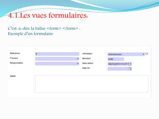 4.1.Les vues formulaires:
C’est-à-dire la balise <form> </form> :
Exemple d’un formulaire
 