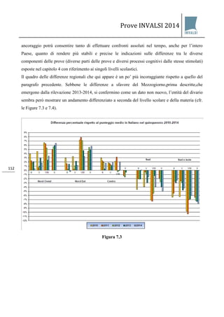 Prove INVALSI 2014 
112 
ancoraggio potrà consentire tanto di effettuare confronti assoluti nel tempo, anche per l’intero Paese, quanto di rendere più stabili e precise le indicazioni sulle differenze tra le diverse componenti delle prove (diverse parti delle prove e diversi processi cognitivi dalle stesse stimolati) esposte nel capitolo 4 con riferimento ai singoli livelli scolastici. Il quadro delle differenze regionali che qui appare è un po’ più incoraggiante rispetto a quello del paragrafo precedente. Sebbene le differenze a sfavore del Mezzogiorno,prima descritte,che emergono dalla rilevazione 2013-2014, si confermino come un dato non nuovo, l’entità del divario sembra però mostrare un andamento differenziato a seconda del livello scolare e della materia (cfr. le Figure 7.3 e 7.4). 
Figura 7.3  