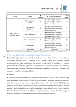 Prove INVALSI 2014 
18 
Classe 
Sezioni 
N. quesiti 
N. quesiti per formato 
Totale item 
II Secondaria di secondo grado 
Testo regolativo misto 
8 
6 scelta multipla semplice 1 scelta multipla complessa 1 a risposta aperta 
12 
testo narrativo letterario 
23 
17 scelta multipla semplice 2 scelta multipla complessa 4 a risposta aperta 
39 
testo espositivo 
14 
8 scelta multipla semplice 3 scelta multipla complessa 3 a risposta aperta univoca 
25 
testo non continuo 
5 
4 scelta multipla semplice 1 a risposta aperta 
5 
grammatica 
9 
6 scelta multipla semplice 1 scelta multipla complessa 2 a risposta aperta 
20 
Totale quesiti 
63 
Totale item 
101 
* Il numero dei quesiti non coincide con il numero degli item in quanto uno stesso quesito può avere più di un item. 
3.1.5 Nota sui criteri di costruzione dei quesiti di grammatica 
I criteri adottati per la costruzione delle domande di grammatica, che costituiscono la sezione finale delle prove d’Italiano dalla V primaria in poi, tengono conto della situazione odierna dell’insegnamento della grammatica, relativamente a tre ordini di problemi: il modello grammaticale di riferimento, la posizione della grammatica nei curricoli, l’obiettivo che si intende conseguire con la riflessione sulla lingua (in termini di competenze linguistiche e cognitive). La situazione è complessa su tutti e tre i fronti. Il modello Il modello grammaticale tradizionale, di tipo descrittivo-analitico, messo in discussione fin dagli anni Sessanta del secolo scorso, è ritenuto oggi insufficiente e inefficace, quando non scorretto, dalla ricerca grammaticale, sia nel campo della linguistica teorica che in quello della linguistica educativa. In particolare, sono considerate inutili le tassonomie meramente classificatorie – come ad esempio i lunghi, variegati, spesso incerti e contraddittori elenchi di complementi. Questo modello è tuttavia molto utilizzato nella prassi didattica, vuoi per l’ininterrotto sostegno editoriale, vuoi per la mancanza di un modello grammaticale alternativo e universalmente condiviso.  