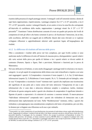 Prove INVALSI 2014 
34 
risentire della presenza di singoli punteggi estremi. I rettangoli verdi all’estremità sinistra e destra di ogni barra rappresentano, rispettivamente, i punteggi compresi fra il 5° e il 25° percentile, e tra il 75° e il 95° percentile, mentre i rettangoli bianchi, al cui centro si trova la zona blu che corrisponde all’intervallo di confidenza della media, rappresentano i punteggi situati fra il 25° e il 75° percentile33. Esaminare l’intera distribuzione consente di avere un quadro più preciso dei livelli di competenza di tutti gli allievi che hanno sostenuto le prove e di focalizzare l’attenzione, da un lato, sulle eccellenze, dall’altro sui soggetti più in difficoltà. Questi dati sono rilevanti se si vogliono sviluppare riflessioni o approfondimenti ulteriori sulle questioni legate all’ineguaglianza dei risultati. 
4.1.2 Le differenze di risultato all’interno delle prove 
Oltre a considerare i risultati delle prove nel loro complesso, per ogni livello scolare si sono analizzate anche le differenze di esito all’interno di ciascuna prova, distinguendotra i quesiti relativi alle varie sezioni della prova per quella di Italiano e tra i quesiti relativi ai diversi ambiti di contenuto (Numero, Spazio e figure, Dati e previsioni, Relazioni e funzioni) per la prova di Matematica. 
Nel caso della prova di Italiano, si sono anche disaggregati i punteggi totali in relazione a tre macro- categorie in cui gli aspetti di comprensione della lettura sono stati riclassificati e rispetto a cui sono stati raggruppati i quesiti: 1) Comprendere e ricostruire il testo (aspetti 1, 3, 4, 5a); 2) Individuare informazioni (aspetto 2); 3) Rielaborare il testo (aspetti, 5b, 6, 7). Entrando più nel dettaglio, sotto la voce “Comprendere e ricostruire il testo” rientrano tutti i quesiti che implicano una ricostruzione del significato di una parte più o meno estesa del testo attraverso l’integrazione di una o più informazioni che vi sono date o attraverso inferenze semplici o complesse; inoltre, rientrano all’interno di questa categoria anche i quesiti che chiedono di comprendere il significato letterale o figurato di parole o espressioni e le relazioni di coesione e coerenza testuale. Il macro-processo “Individuare informazioni” comprende tutti i quesiti che richiedono di rintracciare una o più informazioni date esplicitamente nel testo. Nella “Rielaborazione” rientrano, infine, i quesiti che richiedono o presuppongono una considerazione complessiva del testo e di prenderne, per così dire, le distanze per sviluppare una riflessione su di esso e per valutarlo. 
33Il percentile è un valore caratteristico di una distribuzione che permette di individuare alcune soglie della distribuzione stessa. Supponendo di ordinare i risultati di tutti gli allievi che hanno sostenuto una prova, dal più basso al più alto, il 5° percentile identifica il punteggio che ha conseguito l’allievo che occupa la posizione corrispondente al primo 5% ordinato delle posizioni. Ad esempio, se hanno sostenuto la prova 500.000 allievi e si suppone di ordinare tutti i loro risultati dal più basso al più alto, il 5° percentile è il punteggio dell’allievo che occupa la posizione 25.000 (ossia il 5% di 500.000). In modo del tutto analogo è definito il 25°, il 75° e il 95° percentile.  