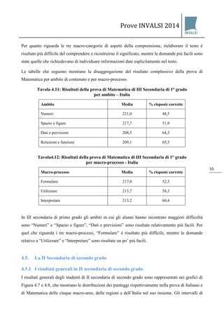 Prove INVALSI 2014 
55 
Per quanto riguarda le tre macro-categorie di aspetti della comprensione, rielaborare il testo è risultato più difficile del comprendere e ricostruirne il significato, mentre le domande più facili sono state quelle che richiedevano di individuare informazioni date esplicitamente nel testo. Le tabelle che seguono mostrano la disaggregazione del risultato complessivo della prova di Matematica per ambito di contenuto e per macro-processo. Tavola 4.11: Risultati della prova di Matematica di III Secondaria di 1° grado per ambito – Italia 
Ambito 
Media 
% risposte corrette 
Numeri 
221,0 
48,5 
Spazio e figure 
217,7 
51,9 
Dati e previsioni 
208,5 
64,3 
Relazioni e funzioni 
209,1 
65,3 
Tavola4.12: Risultati della prova di Matematica di III Secondaria di 1° grado per macro-processo - Italia 
Macro-processo 
Media 
% risposte corrette 
Formulare 
217,0 
52,3 
Utilizzare 
213,7 
58,3 
Interpretare 
213,2 
60,4 
In III secondaria di primo grado gli ambiti in cui gli alunni hanno incontrato maggiori difficoltà sono “Numeri” e “Spazio e figure”, “Dati e previsioni” sono risultate relativamente più facili. Per quel che riguarda i tre macro-processi, “Formulare” è risultato più difficile, mentre le domande relative a “Utilizzare” e “Interpretare” sono risultate un po’ più facili. 
4.5. La II Secondaria di secondo grado 
4.5.1 I risultati generali in II secondaria di secondo grado 
I risultati generali degli studenti di II secondaria di secondo grado sono rappresentati nei grafici di Figura 4.7 e 4.8, che mostrano le distribuzioni dei punteggi rispettivamente nella prova di Italiano e di Matematica delle cinque macro-aree, delle regioni e dell’Italia nel suo insieme. Gli intervalli di  