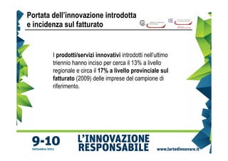 Portata dell’innovazione introdotta
e incidenza sul fatturato


        I prodotti/servizi innovativi introdotti nell’ultimo
        triennio hanno inciso per cerca il 13% a livello
        regionale e circa il 17% a livello provinciale sul
        fatturato (2009) delle imprese del campione di
        riferimento.
 
