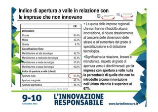 Indice di apertura a valle in relazione con
le imprese che non innovano
                                                       La quota delle imprese regionali,
                                             ER
                                                     che non hanno introdotto alcuna
 Dimensione
                                                     innovazione, si riduce drasticamente
 Piccola                                     60,4%
                                                     al crescere delle dimensioni delle
 Media                                       32,2%
                                                     stesse e all’aumentare del grado di
 Grande                                      8,7%
                                                     specializzazione e di dotazione
 Classificazione Ocse
                                                     tecnologica.
 Manifatturiere ad alta tecnologia           42,7%
 Manifatturiere a medio/alta tecnologia      50,3%    Significativa la relazione, lineare e
 Manifatturiere a media tecnologia           57,9%   monotonica, rispetto al grado di
 Manifatturiere a bassa tecnologia           62,6%   apertura verso i clienti/mercati: per le
 Indice di apertura a valle (clienti)                imprese con apertura a valle nulla
 Apertura nulla                              67,4%   la percentuale di quelle che non ha
 Apertura marginale                          49,1%   introdotto alcuna innovazione
 Apertura significativa                      36,1%   nell’ultimo triennio è superiore al
 Fonte: Osservatorio Innovazione 2010-2011           67%.
 
