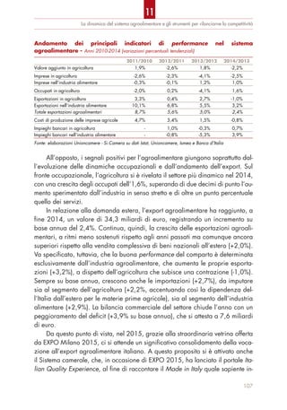 La dinamica del sistema agroalimentare e gli strumenti per rilanciarne la competitività
All’opposto, i segnali positivi per l’agroalimentare giungono soprattutto dal-
l’evoluzione delle dinamiche occupazionali e dall’andamento dell’export. Sul
fronte occupazionale, l’agricoltura si è rivelata il settore più dinamico nel 2014,
con una crescita degli occupati dell’1,6%, superando di due decimi di punto l’au-
mento sperimentato dall’industria in senso stretto e di oltre un punto percentuale
quello dei servizi.
In relazione alla domanda estera, l’export agroalimentare ha raggiunto, a
fine 2014, un valore di 34,3 miliardi di euro, registrando un incremento su
base annua del 2,4%. Continua, quindi, la crescita delle esportazioni agroali-
mentari, a ritmi meno sostenuti rispetto agli anni passati ma comunque ancora
superiori rispetto alla vendita complessiva di beni nazionali all’estero (+2,0%).
Va specificato, tuttavia, che la buona performance del comparto è determinata
esclusivamente dall’industria agroalimentare, che aumenta le proprie esporta-
zioni (+3,2%), a dispetto dell’agricoltura che subisce una contrazione (-1,0%).
Sempre su base annua, crescono anche le importazioni (+2,7%), da imputare
sia al segmento dell’agricoltura (+2,2%, accentuando così la dipendenza del-
l’Italia dall’estero per le materie prime agricole), sia al segmento dell’industria
alimentare (+2,9%). La bilancia commerciale del settore chiude l’anno con un
peggioramento del deficit (+3,9% su base annua), che si attesta a 7,6 miliardi
di euro.
Da questo punto di vista, nel 2015, grazie alla straordinaria vetrina offerta
da EXPO Milano 2015, ci si attende un significativo consolidamento della voca-
zione all’export agroalimentare italiano. A questo proposito si è attivato anche
il Sistema camerale, che, in occasione di EXPO 2015, ha lanciato il portale Ita-
lian Quality Experience, al fine di raccontare il Made in Italy quale sapiente in-
107
Andamento dei principali indicatori di performance nel sistema
agroalimentare - Anni 2010-2014 (variazioni percentuali tendenziali)
2011/2010 2012/2011 2013/2012 2014/2013
Valore aggiunto in agricoltura 1,9% -2,6% 1,8% -2,2%
Imprese in agricoltura -2,6% -2,3% -4,1% -2,5%
Imprese nell’industria alimentare -0,3% -0,1% 1,2% 1,0%
Occupati in agricoltura -2,0% 0,2% -4,1% 1,6%
Esportazioni in agricoltura 3,3% 0,4% 2,7% -1,0%
Esportazioni nell’industria alimentare 10,1% 6,8% 5,5% 3,2%
Totale esportazioni agroalimentari 8,7% 5,6% 5,0% 2,4%
Costi di produzione delle imprese agricole 4,7% 3,4% 1,5% -0,8%
Impieghi bancari in agricoltura - 1,0% -0,3% 0,7%
Impieghi bancari nell’industria alimentare - -0,8% -5,3% 3,9%
Fonte: elaborazioni Unioncamere - Si.Camera su dati Istat, Unioncamere, Ismea e Banca d’Italia
11
 