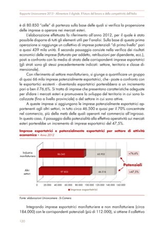 è di 80.850 “celle” di partenza sulla base delle quali si verifica la propensione
delle imprese a operare nei mercati esteri.
L’elaborazione effettuata fa riferimento all’anno 2012, per il quale è stato
possibile disporre di tutti gli elementi utili per l’analisi. Sulla base di questa prima
operazione si raggiunge un collettivo di imprese potenziali “di primo livello” pari
a quasi 439 mila unità. Il secondo passaggio consiste nella verifica dei risultati
economici delle imprese (fatturato per addetto, retribuzioni per dipendente, ecc.),
posti a confronto con la media di strato delle corrispondenti imprese esportatrici
(gli strati sono gli stessi precedentemente indicati: settore, territorio e classe di-
mensionale).
Con riferimento al settore manifatturiero, si giunge a quantificare un gruppo
di quasi 66 mila imprese potenzialmente esportatrici, che - poste a confronto con
le esportartici esistenti - diventando esportatrici porterebbero a un incremento
pari a ben il 76,6%. Si tratta di imprese che presentano caratteristiche adeguate
per sfidare i mercati esteri e promuovere lo sviluppo del territorio in cui sono lo-
calizzate (fino a livello provinciale) o del settore in cui sono attive.
A queste imprese si aggiungono le imprese potenzialmente esportatrici ap-
partenenti agli altri settori, in tutto circa 46.500 e quasi per il 70% concentrate
nel commercio, più della metà delle quali operanti nel commercio all’ingrosso.
In questo caso, il passaggio dalla potenzialità alla effettiva operatività sui mercati
esteri porterebbe un incremento di imprese esportatrici del 47,5%.
Integrando imprese esportatrici manifatturiere e non manifatturiere (circa
184.000) con le corrispondenti potenziali (più di 112.000), si ottiene il collettivo
Rapporto Unioncamere 2015 - Alimentare il digitale. Il futuro del lavoro e della competitività dell’Italia
120
Imprese esportatrici e potenzialmente esportatrici per settore di attività
economica - Anno 2012
Fonte: elaborazioni Unioncamere - Si.Camera
0 20.000 40.000 60.000 80.000 100.000 120.000 140.000 160.000
97.833
86.045
46.516
65.952
Imprese esportatrici
Industria
manifatturiera
Altri
settori
+76,6%
+47,5%
Potenziali
 