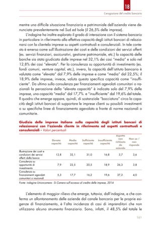 mentre una difficile situazione finanziaria e patrimoniale dell’azienda viene de-
nunciata prevalentemente nel Sud ed Isole (il 26,5% delle imprese).
L’indagine ha inoltre esplorato il grado di interazione con il sistema bancario
in particolare in riferimento alla effettiva capacità degli istituti bancari di relazio-
narsi con la clientela imprese su aspetti contrattuali e consulenziali. In tale conte-
sto è emerso come sull’illustrazione dei costi e delle condizioni dei servizi offerti
(es. servizi finanziari, assicurativi, gestione patrimoniale, etc.) la capacità delle
banche sia stata giudicata dalle imprese nel 32,1% dei casi “media” e solo nel
12,8% dei casi “elevata”. Per la consulenza su opportunità di investimento (es.
fondi comuni, venture capital, etc.), invero, la capacità dell’istituto bancario è
valutata come “elevata” dal 7,9% delle imprese e come “media” dal 22,5%; il
18,9% delle imprese, invece, valuta questa specifica capacità come “insuffi-
ciente”. Da ultimo sulla consulenza per finanziamenti agevolati comunitari o na-
zionali la percezione della “elevata capacità” è indicata solo del 7,9% delle
imprese, una capacità “media” dal 17,7% e “insufficiente” dal 19,6% del totale.
Il quadro che emerge appare, quindi, di sostanziale “bocciatura” circa la capa-
cità degli istituti bancari di supportare le imprese clienti su possibili investimenti
o su specifiche linee di finanziamento agevolato a fronte di norme nazionali o
comunitarie.
L’elemento di maggior rilievo che emerge, tuttavia, dall’indagine, e che con-
ferma un allontanamento delle aziende dal canale bancario per le proprie esi-
genze di finanziamento, è l’alta incidenza di casi di imprenditori che non
utilizzano alcuno strumento finanziario. Sono, infatti, il 48,5% del totale le
L’erogazione del credito bancario
161
Giudizio delle imprese italiane sulla capacità degli istituti bancari di
relazionarsi con l’azienda cliente in riferimento ad aspetti contrattuali e
consulenziali - Valori percentuali
Elevata
capacità
Media
capacità
Sufficiente
capacità
Insufficiente
capacità
Aspetto
non
richiesto
da
azienda
Non sa /
non
risponde
Illustrazione dei costi e
condizioni dei servizi
offerti dalla banca
12,8 32,1 31,0 16,8 3,7 3,6
Consulenza su
opportunità di
investimento
7,9 22,5 20,5 18,9 26,3 3,8
Consulenza su
finanziamenti agevolati
comunitari o nazionali
5,3 17,7 16,2 19,6 37,2 4,0
Fonte: indagine Unioncamere - Si.Camera sull’accesso al credito delle imprese, 2014
18
 