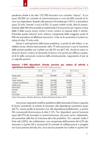 Le prospettive occupazionali e la domanda di lavoro espressa dalle PMI per il 2015
pendenze dirette e da oltre 122.300 lavoratori con contratto “atipico”, di cui
quasi 58.000 con contratto di somministrazione e circa 64.400 contratti di la-
voro non dipendente. Rispetto alle previsioni formulate per il 2014, si prevedono
quasi 23 mila “entrate” in più (+4,0%). Su questi risultati incide, oltre al compor-
tamento delle PMI (che prevedono mediamente 2,8 assunzioni per impresa invece
delle 3 dello scorso anno), anche il minor numero di imprese totali in attività.
Entrambe queste riduzioni sono, tuttavia, compensate dalla maggiore quota di
PMI che prevedono di effettuare assunzioni, il che ne fa aumentare il numero as-
soluto di oltre 19 mila unità.
Senza il restringimento della base produttiva, a parità di altri fattori, si sa-
rebbero avute, almeno teoricamente, oltre 19 mila assunzioni in più e l’aumento
delle entrate sarebbe così risultato non del 4% ma del 7,4%. Anche se meno in-
tensa (in termini unitari), la domanda di lavoro si fa quindi più diffusa e questo,
al di là della variazione numerica delle entrate previste, rappresenta di per sé
un segnale positivo.
Una prima importante modifica qualitativa della domanda di lavoro riguarda
le forme contrattuali: le entrate di lavoratori alle dipendenze aumentano quasi
del 7%, mentre quelle di lavoratori non alle dipendenze (collaboratori, a partita
IVA, occasionali) diminuiscono di oltre il 15%. Tra i dipendenti, spicca l’aumento
quasi del 27% dei lavoratori in somministrazione, che sono i primi, solitamente,
ad aumentare nelle fasi di inversione del ciclo produttivo. Tra i secondi risalta il
forte calo (-28%), dei collaboratori, non compensato dall’aumento del 4,3% dei
lavoratori a partita IVA e occasionali (il contratto di collaborazione a progetto
non è più previsto dal Jobs Act, ma è ancora presente nei risultati in quanto l’at-
45
Imprese 1-249 dipendenti. Entrate previste per settore di attività e
ripartizione territoriale - Anni 2014-2015 (dati provvisori)
2014 2015 2014-2015
Valori assoluti Differ. assoluta Variaz. %
Entrate totali 572.020 594.880 22.860 4,0
- di cui:
Totale industria 172.540 196.800 24.260 14,1
- industria manifatturiera 110.840 121.730 10.890 9,8
Totale servizi 399.480 398.070 -1.410 -0,4
Nord Ovest 149.260 167.700 18.440 12,4
Nord Est 148.990 145.770 -3.220 -2,2
Centro 110.030 115.060 5.030 4,6
Sud e Isole 163.750 166.350 2.600 1,6
Fonte: Unioncamere - Ministero del Lavoro, Sistema Informativo Excelsior, 2015
4
 