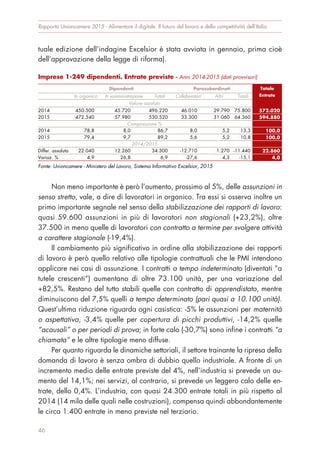 tuale edizione dell’indagine Excelsior è stata avviata in gennaio, prima cioè
dell’approvazione della legge di riforma).
Non meno importante è però l’aumento, prossimo al 5%, delle assunzioni in
senso stretto, vale, a dire di lavoratori in organico. Tra essi si osserva inoltre un
primo importante segnale nel senso della stabilizzazione dei rapporti di lavoro:
quasi 59.600 assunzioni in più di lavoratori non stagionali (+23,2%), oltre
37.500 in meno quelle di lavoratori con contratto a termine per svolgere attività
a carattere stagionale (-19,4%).
Il cambiamento più significativo in ordine alla stabilizzazione dei rapporti
di lavoro è però quello relativo alle tipologie contrattuali che le PMI intendono
applicare nei casi di assunzione. I contratti a tempo indeterminato (diventati “a
tutele crescenti”) aumentano di oltre 73.100 unità, per una variazione del
+82,5%. Restano del tutto stabili quelle con contratto di apprendistato, mentre
diminuiscono del 7,5% quelli a tempo determinato (pari quasi a 10.100 unità).
Quest’ultima riduzione riguarda ogni casistica: -5% le assunzioni per maternità
o aspettativa, -3,4% quelle per copertura di picchi produttivi, -14,2% quelle
“acausali” o per periodi di prova; in forte calo (-30,7%) sono infine i contratti “a
chiamata” e le altre tipologie meno diffuse.
Per quanto riguarda le dinamiche settoriali, il settore trainante la ripresa della
domanda di lavoro è senza ombra di dubbio quello industriale. A fronte di un
incremento medio delle entrate previste del 4%, nell’industria si prevede un au-
mento del 14,1%; nei servizi, al contrario, si prevede un leggero calo delle en-
trate, dello 0,4%. L’industria, con quasi 24.300 entrate totali in più rispetto al
2014 (14 mila delle quali nelle costruzioni), compensa quindi abbondantemente
le circa 1.400 entrate in meno previste nel terziario.
Rapporto Unioncamere 2015 - Alimentare il digitale. Il futuro del lavoro e della competitività dell’Italia
46
Imprese 1-249 dipendenti. Entrate previste - Anni 2014-2015 (dati provvisori)
Dipendenti Parasubordinati Totale
EntrateIn organico In somministrazione Totali Collaboratori Altri Totali
Valore assoluto
2014 450.500 45.720 496.220 46.010 29.790 75.800 572.020
2015 472.540 57.980 530.520 33.300 31.060 64.360 594.880
Composizione %
2014 78,8 8,0 86,7 8,0 5,2 13,3 100,0
2015 79,4 9,7 89,2 5,6 5,2 10,8 100,0
2014/2015
Differ. assoluta 22.040 12.260 34.300 -12.710 1.270 -11.440 22.860
Variaz. % 4,9 26,8 6,9 -27,6 4,3 -15,1 4,0
Fonte: Unioncamere - Ministero del Lavoro, Sistema Informativo Excelsior, 2015
 
