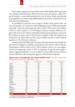 Prezzi al consumo, inﬂazione e tariffe: andamenti e previsioni a breve
57
Il principale sostegno è arrivato dall’aumento della bolletta dell’energia elet-
trica, lievitata mediamente del +35% per le micro e piccole imprese, e del +21%
per le famiglie, a causa della lievitazione di costi di natura fiscale e parafiscale
(oneri generali e di sistema nella bolletta elettrica) che hanno neutralizzato la di-
scesa del costo dell’energia.
La variabilità di costo dei servizi lungo lo stivale è assai pronunciata: nel
caso, ad esempio, di un esercizio ricettivo (albergo), posta a 100 la spesa media
nazionale, l’indice di spesa passa da valori tra 82 e 90 di centri come Milano
e Torino a valori superiori a 110 di Bologna, Genova, Perugia, Palermo e Ca-
gliari. Nel caso di una impresa individuale artigiana (parrucchiere), si passa da
85 di Milano e Aosta a oltre 110 di Firenze e Cagliari (146). Per l’esercizio di
ristorazione, da valori inferiori a 90, ancora a Milano e Aosta, a indici di spesa
superiori a 110 di Venezia e Genova.
L’attività industriale della trasformazione alimentare (caseificio) è quella che
sperimenta la maggiore variabilità, passando da indici intorno a 80 di L’Aquila,
Campobasso e Aosta a indici vicini a 120 di Napoli e Roma, con una maggio-
razione che raggiunge, quindi, il 50%. Il capoluogo di regione sardo paga in
questa singolare graduatoria i costi più elevati a causa della mancata metaniz-
zazione dell’Isola e del conseguente aggravio sulle forniture di gasolio.
5
Spesa annua "normalizzata" per servizi pubblici locali - Anno 2014 (Acqua, Rifiuti,
Energia e Gas - Numeri indici, media ITALIA = 100)
Albergo Parrucchiere Ristorante Caseificio
Torino 90 96 100 ND
Aosta 92 85 87 79
Genova 117 105 117 111
Milano 82 85 89 85
Venezia 95 97 112 102
Trieste 103 97 97 84
Bologna 113 100 97 99
Ancona 103 95 94 96
Firenze 108 114 103 108
Perugia 117 102 101 101
Roma 97 99 105 119
Napoli 98 104 108 117
L'Aquila 86 89 88 81
Campobasso 78 85 81 80
Bari 95 95 93 97
Potenza 93 96 95 95
Catanzaro 100 103 96 106
Palermo 111 106 108 95
Cagliari* 123 146 129 144
ITALIA 100 100 100 100
* Utilizzato il dato del gasolio da riscaldamento in sostituzione del gas naturale
Fonte: elaborazioni Unioncamere e REF Ricerche
 