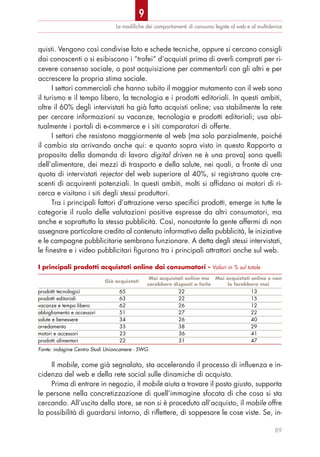 quisti. Vengono così condivise foto e schede tecniche, oppure si cercano consigli
dai conoscenti o si esibiscono i “trofei” d’acquisti prima di averli comprati per ri-
cevere consenso sociale, o post acquisizione per commentarli con gli altri e per
accrescere la propria stima sociale.
I settori commerciali che hanno subito il maggior mutamento con il web sono
il turismo e il tempo libero, la tecnologia e i prodotti editoriali. In questi ambiti,
oltre il 60% degli intervistati ha già fatto acquisti online; usa stabilmente la rete
per cercare informazioni su vacanze, tecnologia e prodotti editoriali; usa abi-
tualmente i portali di e-commerce e i siti comparatori di offerte.
I settori che resistono maggiormente al web (ma solo parzialmente, poiché
il cambio sta arrivando anche qui: e quanto sopra visto in questo Rapporto a
proposito della domanda di lavoro digital driven ne è una prova) sono quelli
dell’alimentare, dei mezzi di trasporto e della salute, nei quali, a fronte di una
quota di intervistati rejector del web superiore al 40%, si registrano quote cre-
scenti di acquirenti potenziali. In questi ambiti, molti si affidano ai motori di ri-
cerca e visitano i siti degli stessi produttori.
Tra i principali fattori d’attrazione verso specifici prodotti, emerge in tutte le
categorie il ruolo delle valutazioni positive espresse da altri consumatori, ma
anche e soprattutto la stessa pubblicità. Così, nonostante la gente affermi di non
assegnare particolare credito al contenuto informativo della pubblicità, le iniziative
e le campagne pubblicitarie sembrano funzionare. A detta degli stessi intervistati,
le finestre e i video pubblicitari figurano tra i principali attrattori anche sul web.
Il mobile, come già segnalato, sta accelerando il processo di influenza e in-
cidenza del web e della rete social sulle dinamiche di acquisto.
Prima di entrare in negozio, il mobile aiuta a trovare il posto giusto, supporta
le persone nella concretizzazione di quell’immagine sfocata di che cosa si sta
cercando. All’uscita dello store, se non si è proceduto all’acquisto, il mobile offre
la possibilità di guardarsi intorno, di riflettere, di soppesare le cose viste. Se, in-
Le modiﬁche dei comportamenti di consumo legate al web e al multidevice
89
I principali prodotti acquistati online dai consumatori - Valori in % sul totale
Già acquistati
Mai acquistati online ma
sarebbero disposti a farlo
Mai acquistati online e non
lo farebbero mai
prodotti tecnologici 65 22 13
prodotti editoriali 63 22 15
vacanze e tempo libero 62 26 12
abbigliamento e accessori 51 27 22
salute e benessere 34 26 40
arredamento 33 38 29
motori e accessori 23 36 41
prodotti alimentari 22 31 47
Fonte: indagine Centro Studi Unioncamere - SWG
9
 
